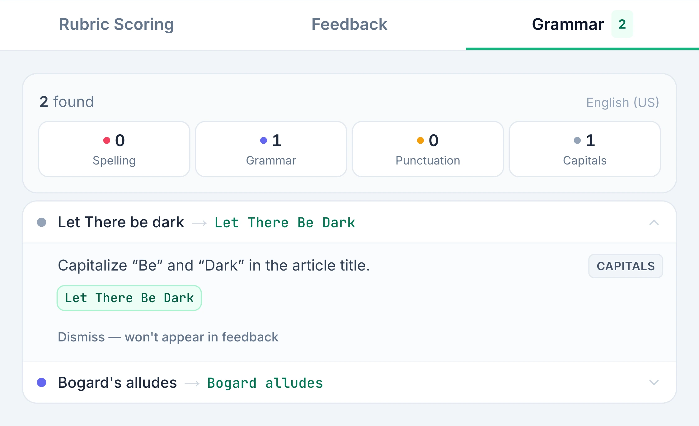 Suggested language corrections and the dismiss control.