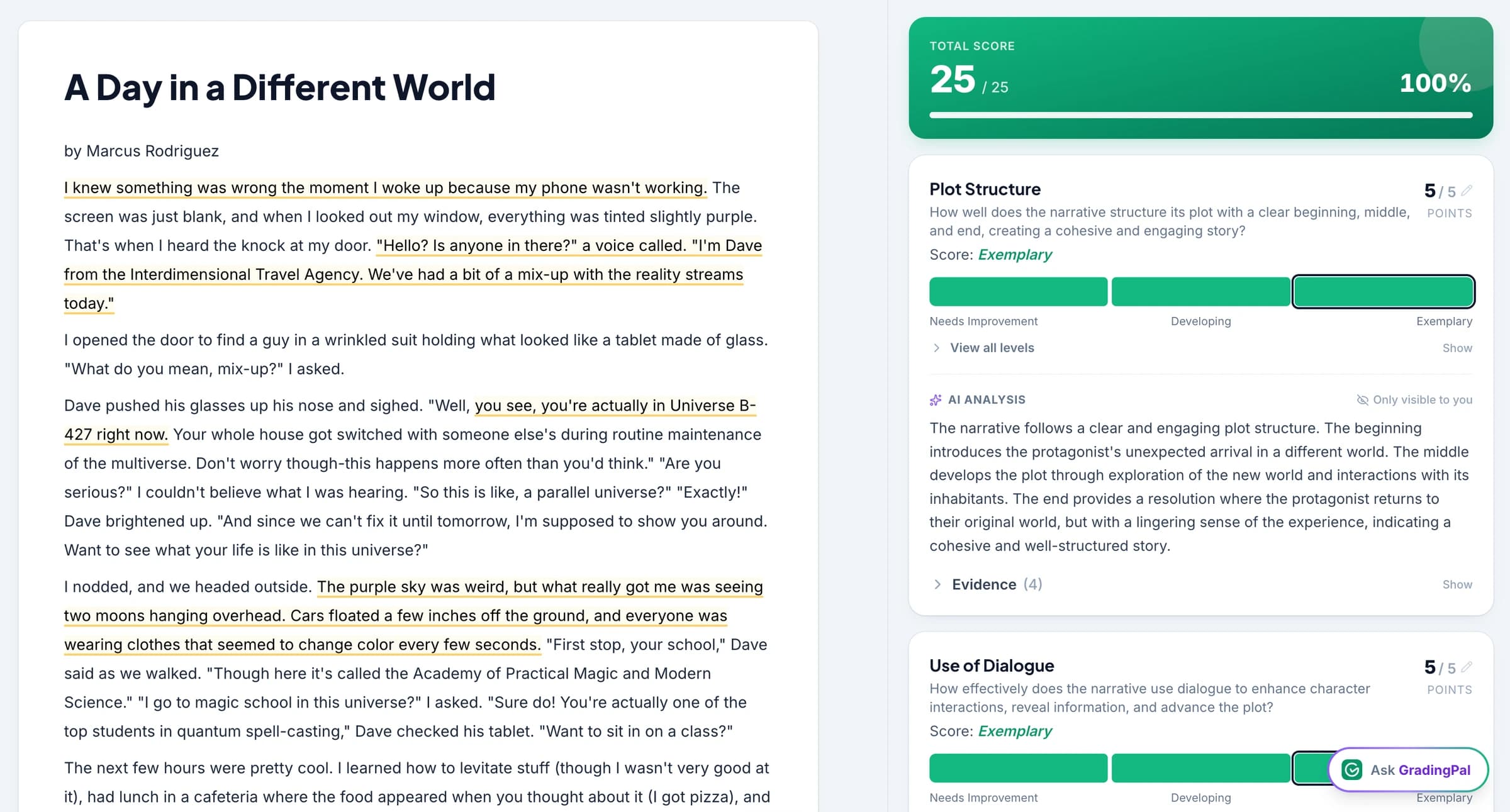 Narrative writing assessed against a teacher’s rubric.