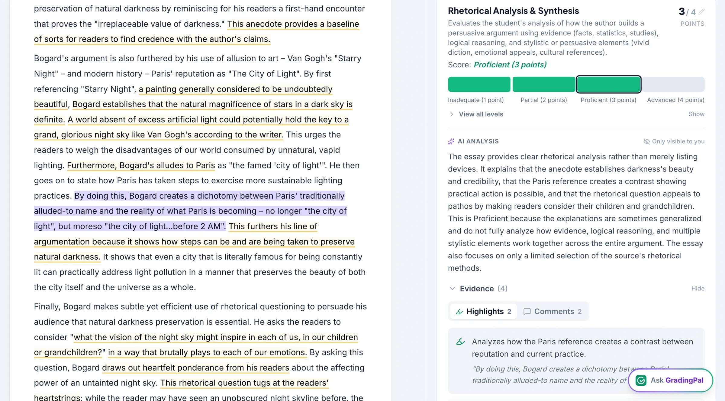 A rubric criterion in GradingPal showing the suggested level, a one-line reason for it, and the student’s own sentence quoted as evidence, highlighted in their essay alongside.