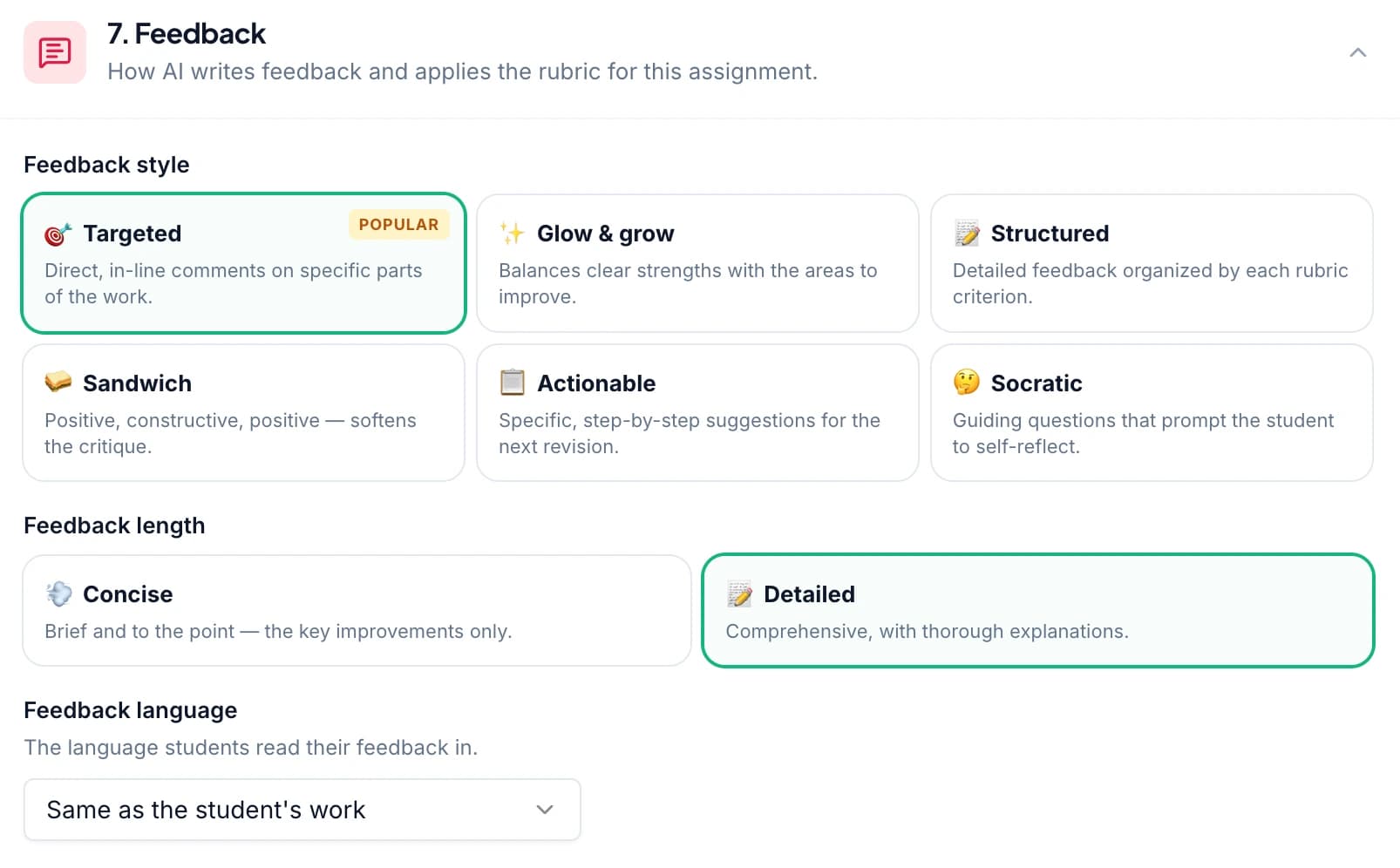 Choose feedback preferences and add your teaching instructions in GradingPal.