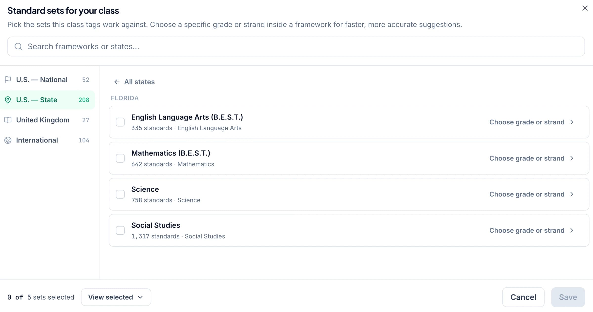 The standards picker showing B.E.S.T. and NGSSS as separate selectable sets.
