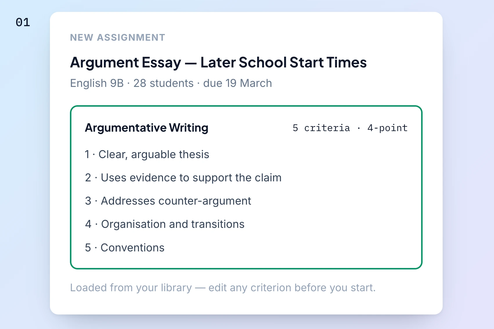 Step 1 in GradingPal: an assignment being created with a rubric loaded.