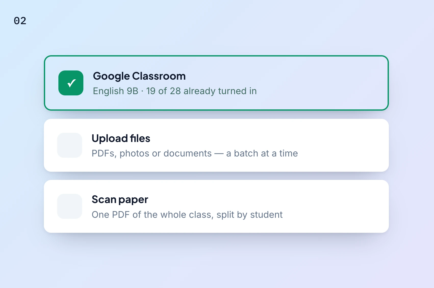 Step 2 in GradingPal: choosing where student work will come from.