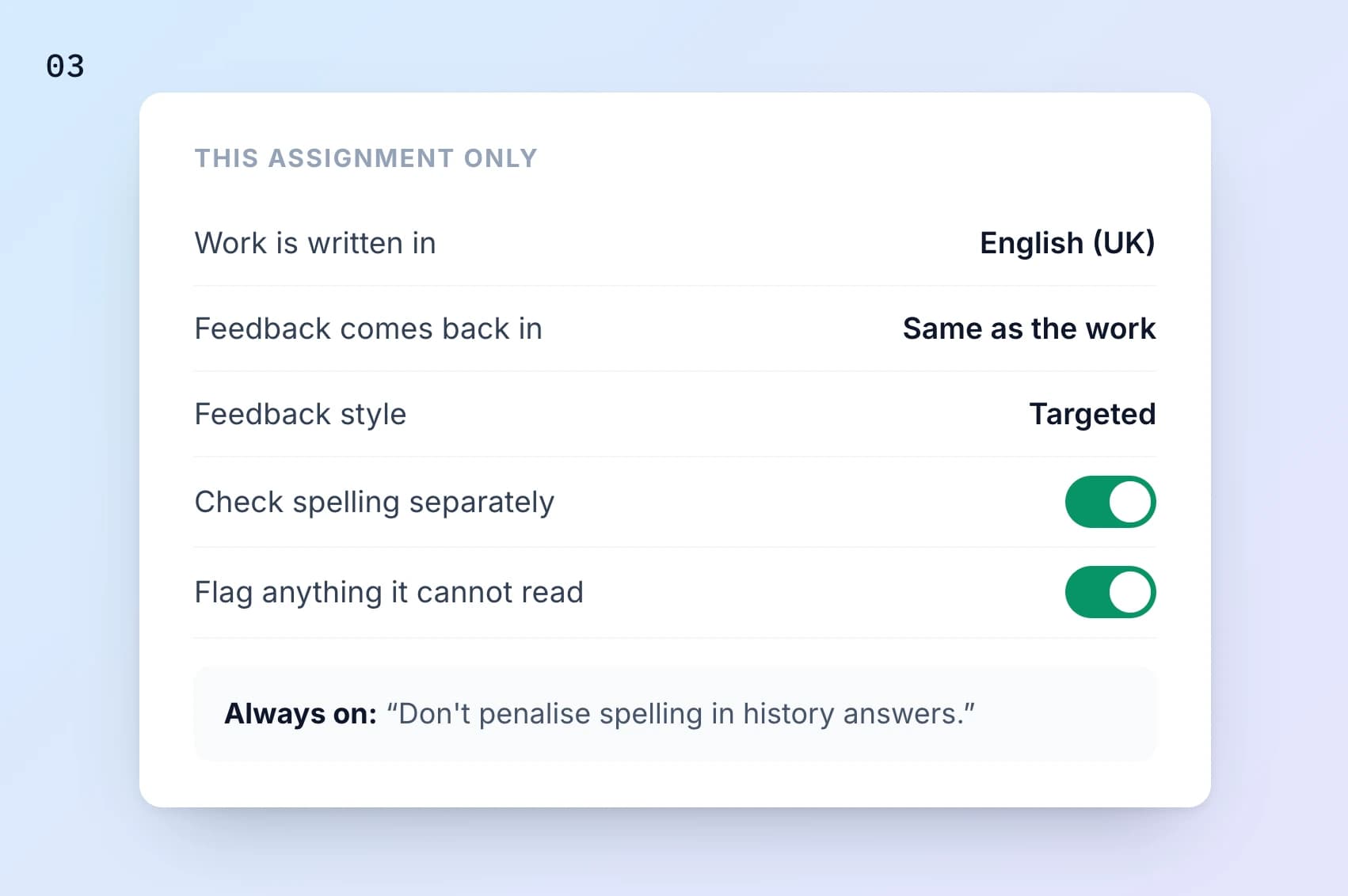 Step 3 in GradingPal: the grading settings panel for one assignment.