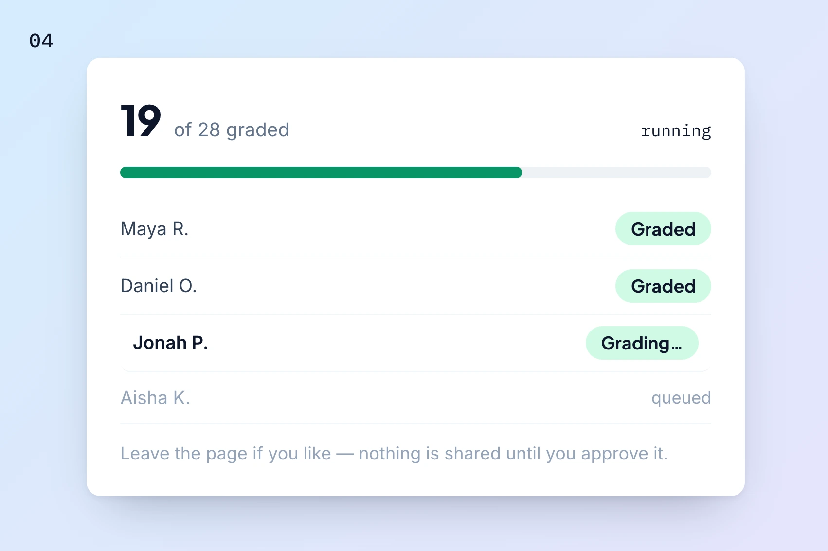 Step 4 in GradingPal: grading progress shown live on screen.