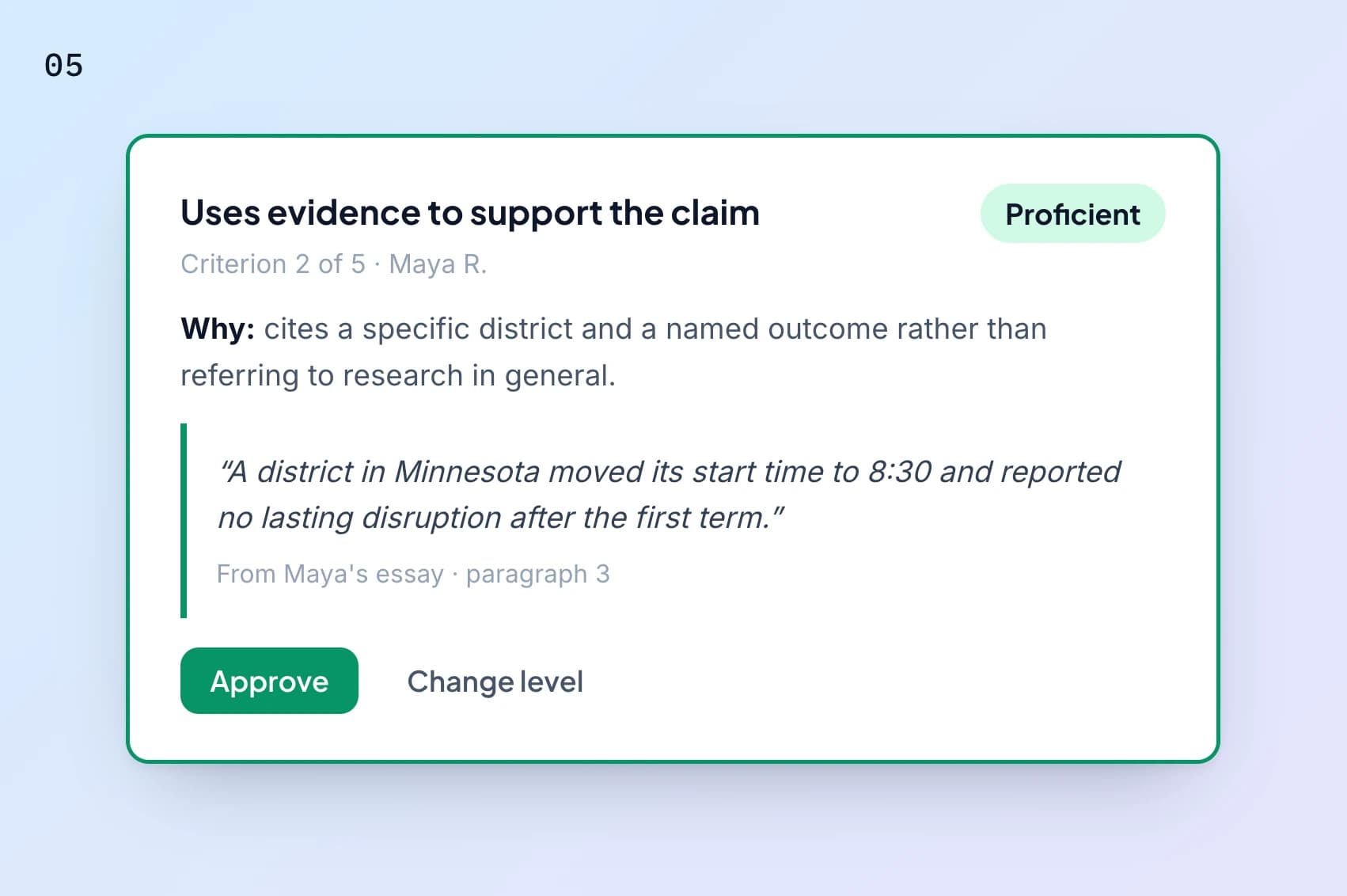 Step 5 in GradingPal: a criterion showing its suggested level, reason and quoted evidence.