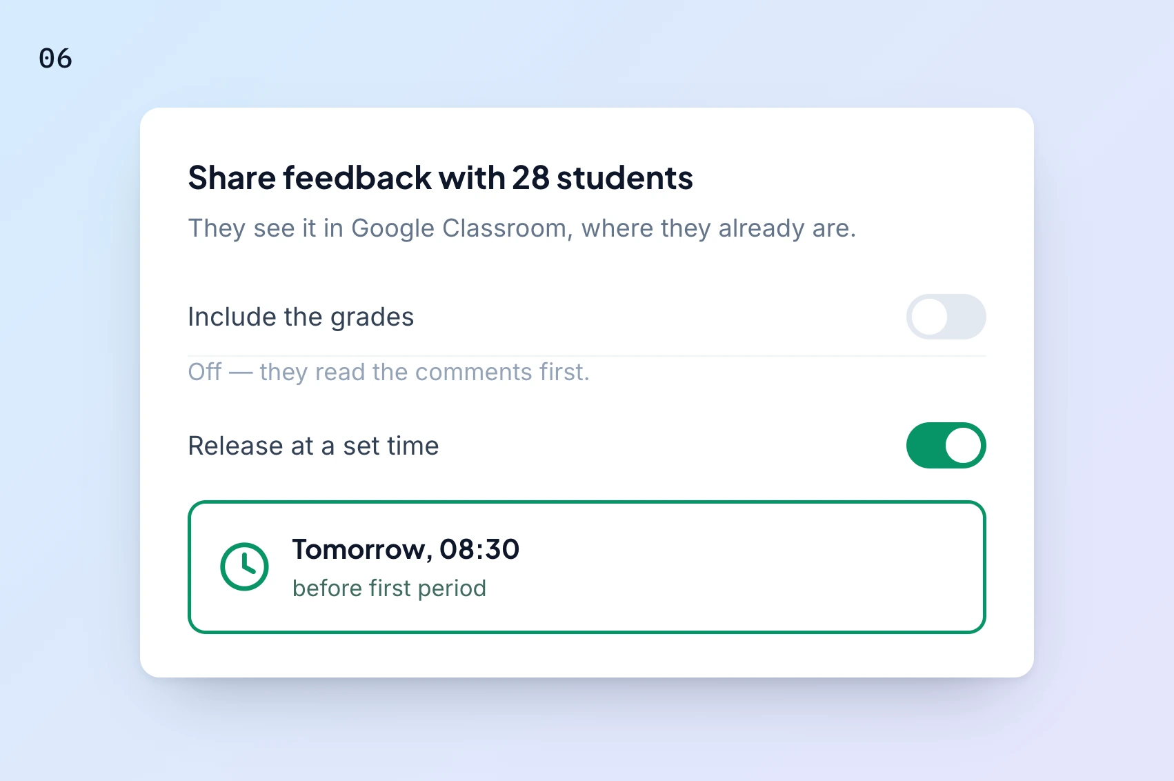 Step 6 in GradingPal: the share dialog with a scheduled release time set.