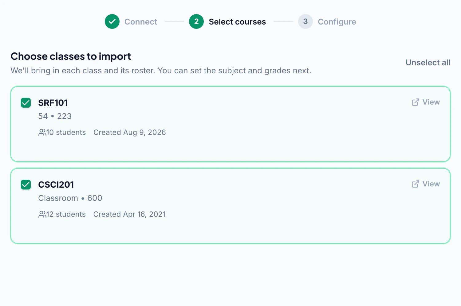 Choose which Google Classroom classes to bring into GradingPal.