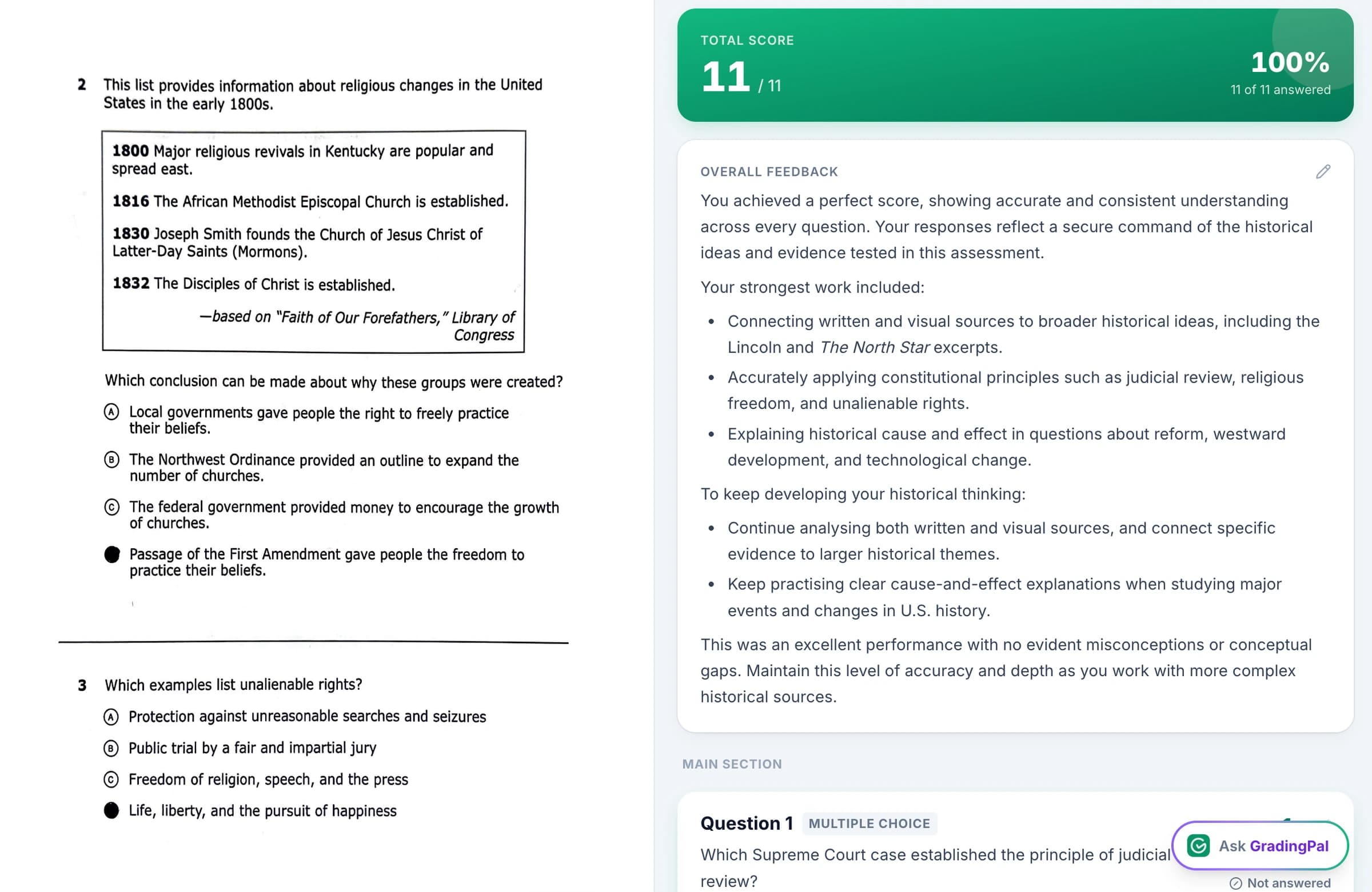 A course assignment in GradingPal shared with two graders, showing the same rubric and the evidence behind each suggested score.