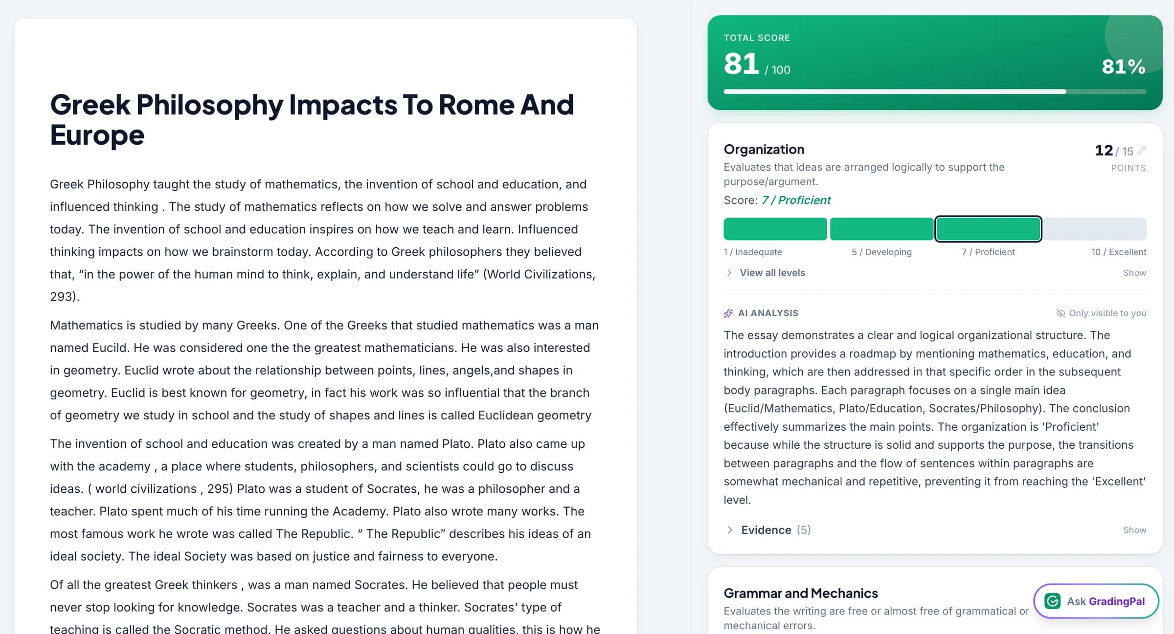 A written history response beside rubric scores and feedback in GradingPal.