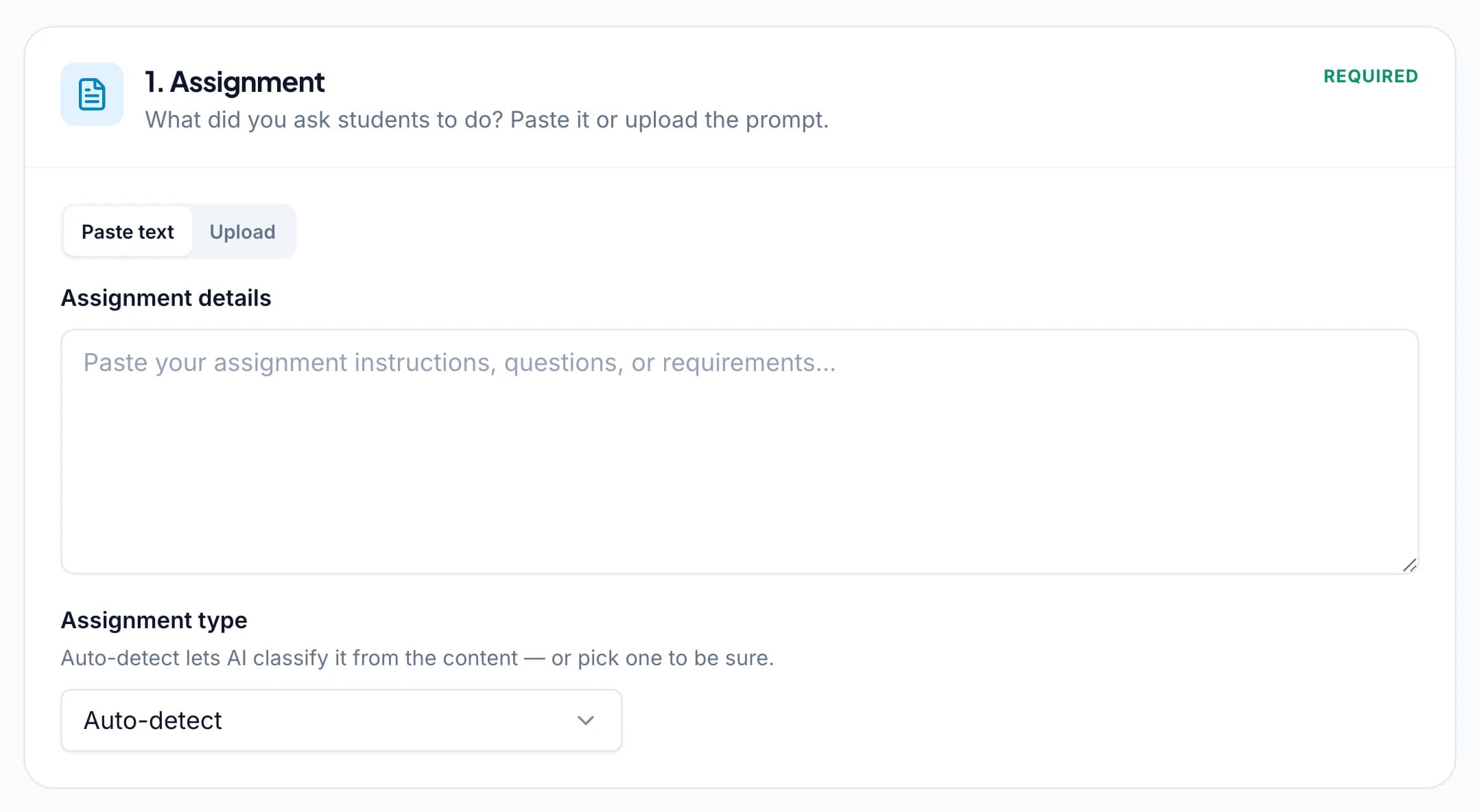 The first step of GradingPal’s instant grading page: paste or upload the assignment, with assignment type left on Auto-detect.