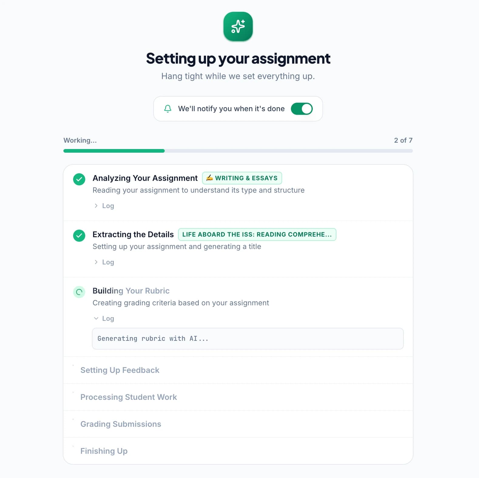 GradingPal’s live setup progress, showing the current step named and earlier steps ticked off.
