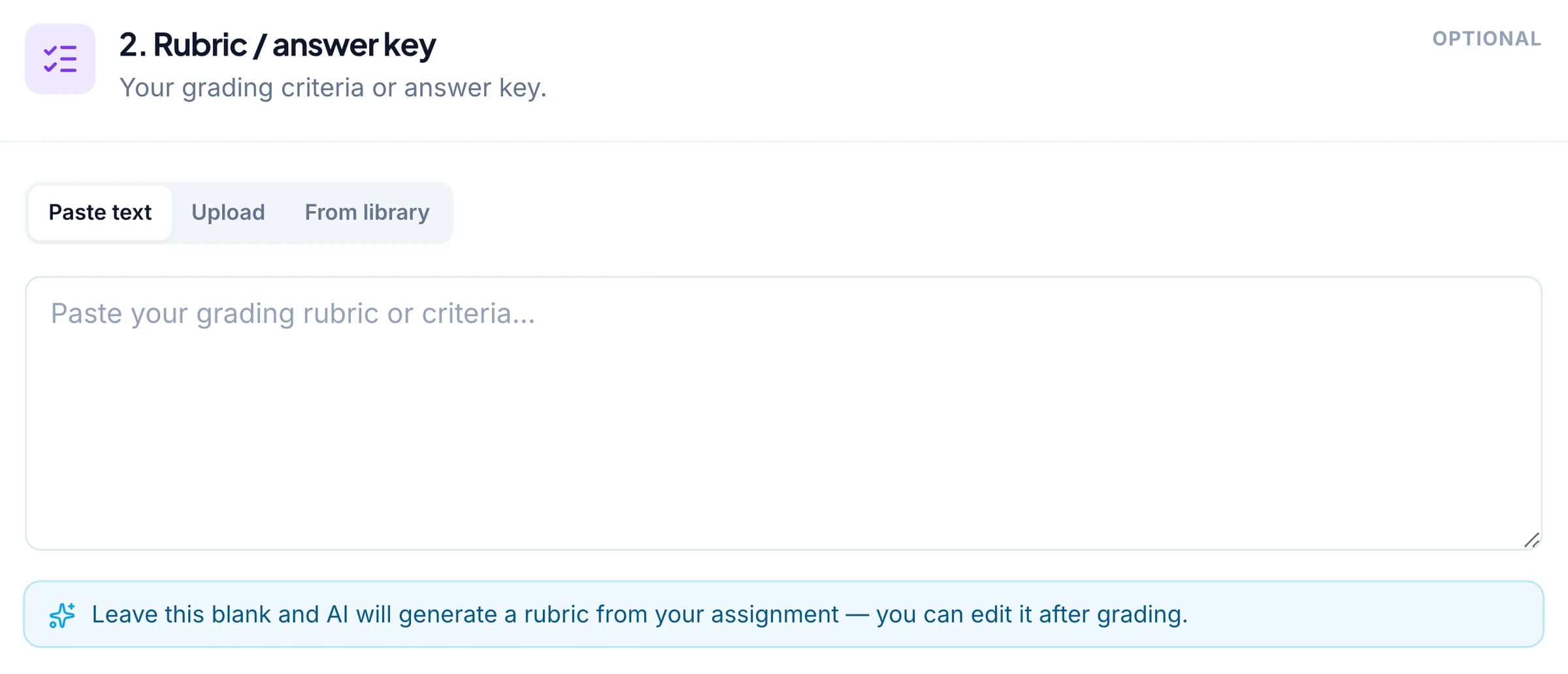 The three ways to give GradingPal a rubric, with the option to leave it blank visibly available.
