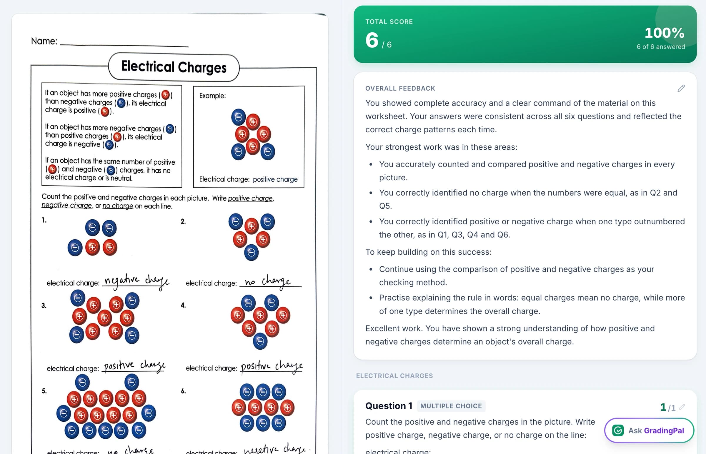 A science worksheet with handwritten answers beside its question scores and feedback in GradingPal.