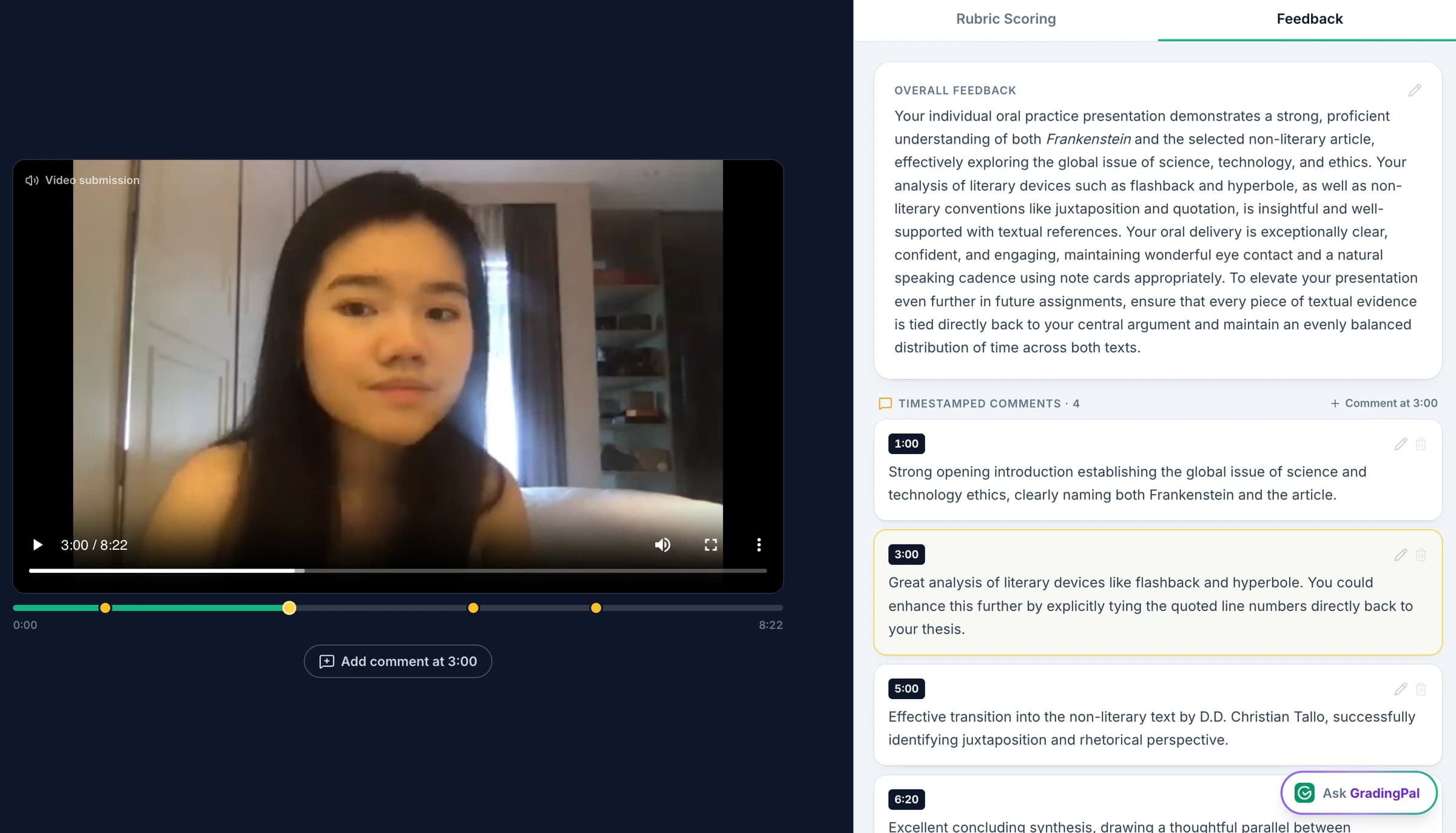 A recorded presentation with feedback linked to specific timestamps.
