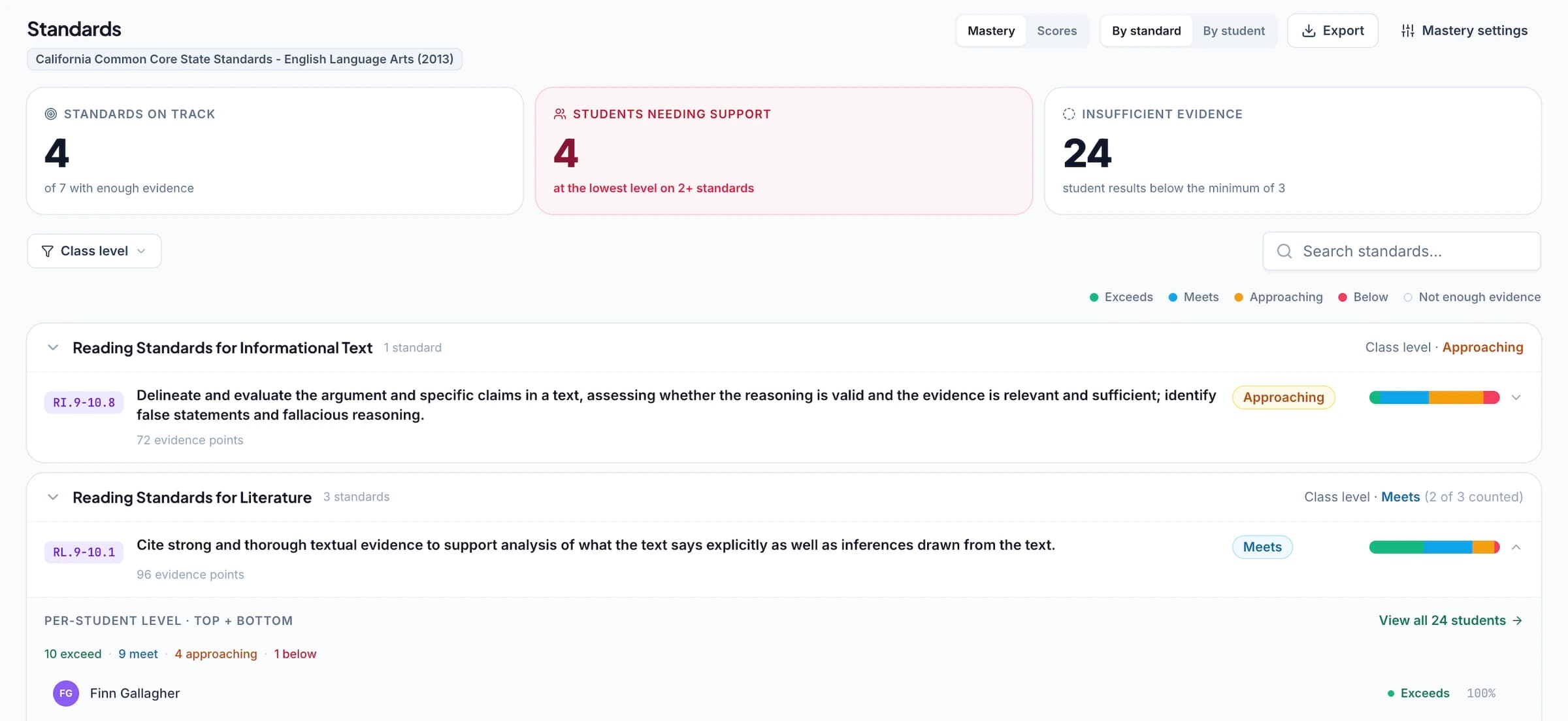 An “insufficient evidence” cell in the gradebook, showing how much more evidence the standard still needs.