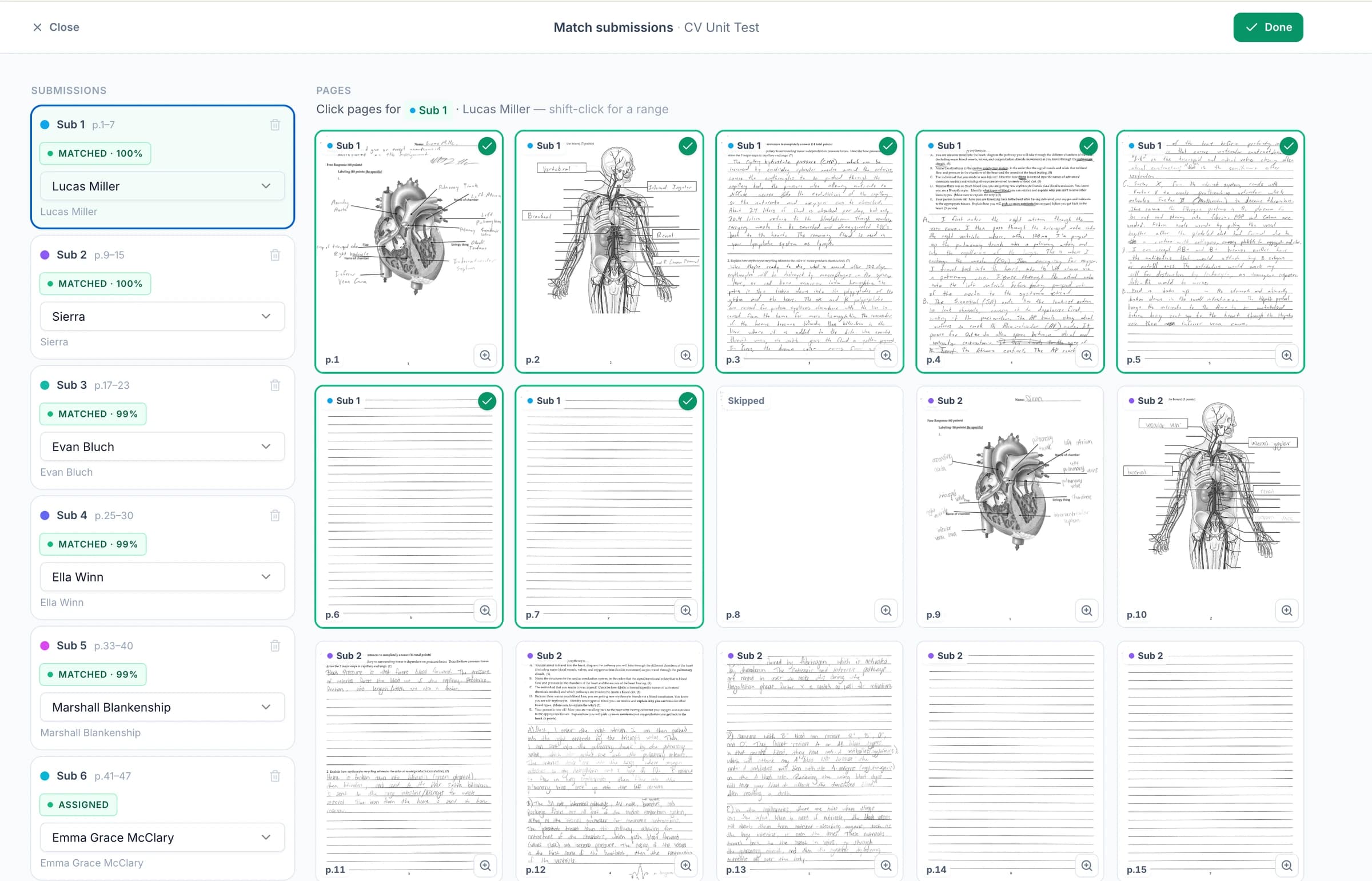 GradingPal’s page board: scanned pages grouped by student as thumbnails, with one match marked Verify.