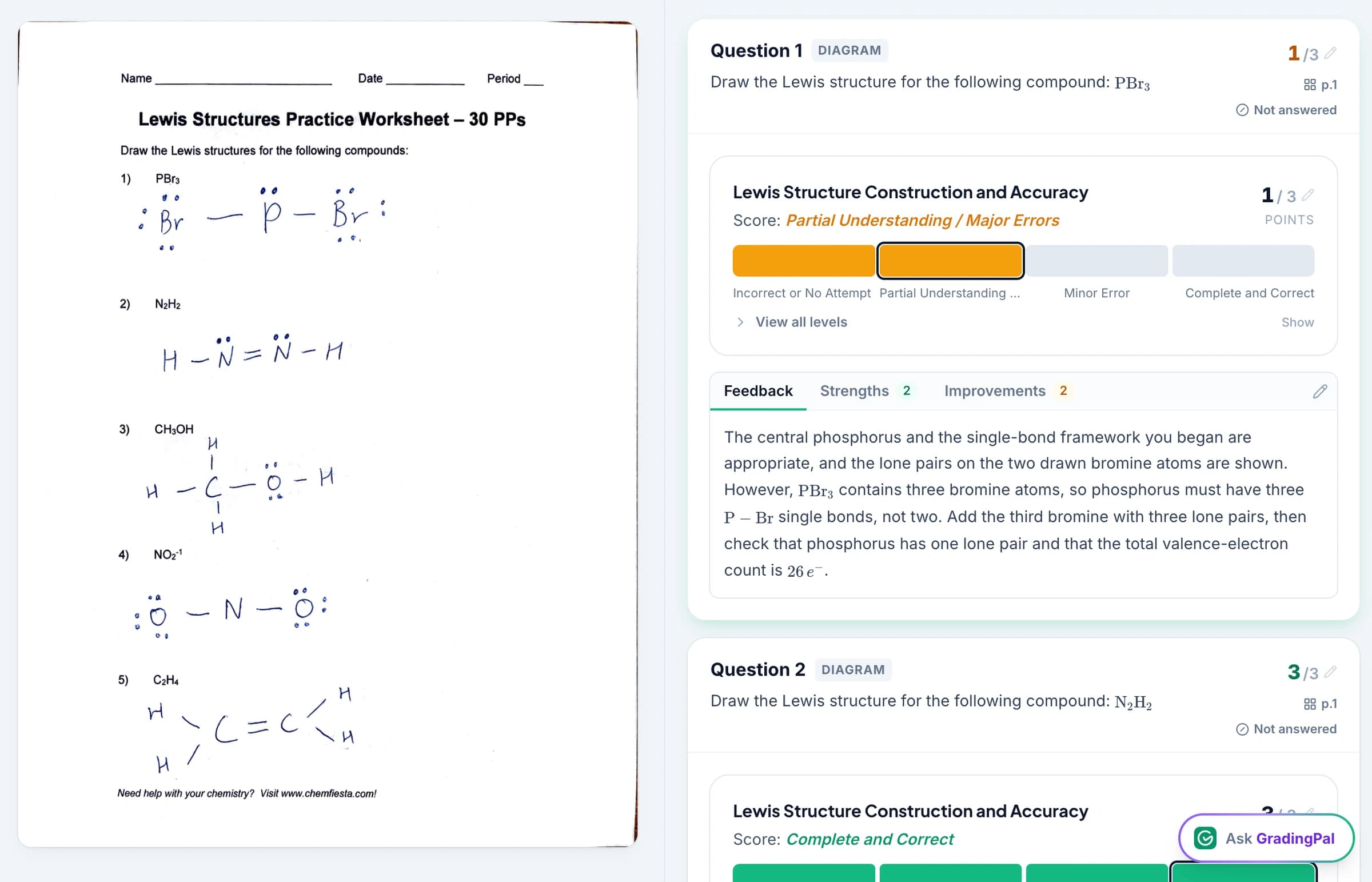 A handwritten chemistry worksheet in GradingPal: Lewis structures on the left, and on the right the rubric criterion with a partial-credit level selected and feedback explaining the missing bromine atom.