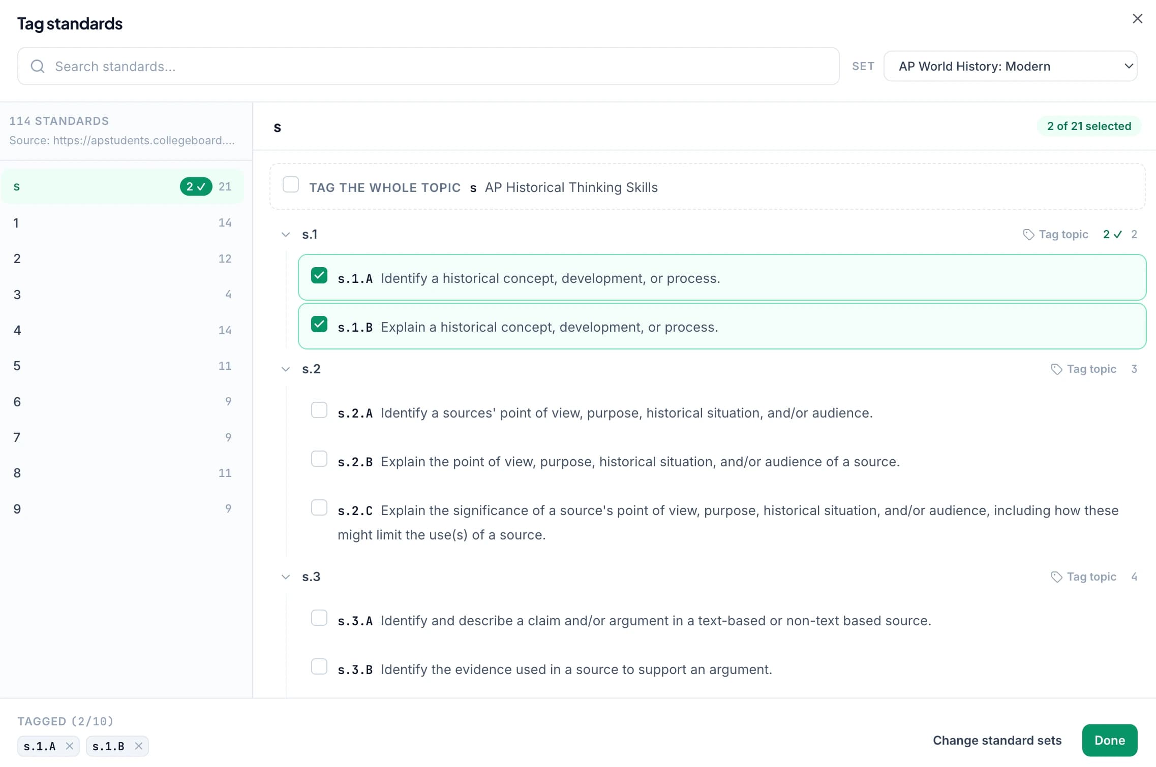 The standards picker filtered to one class, with the recommended sets visible.
