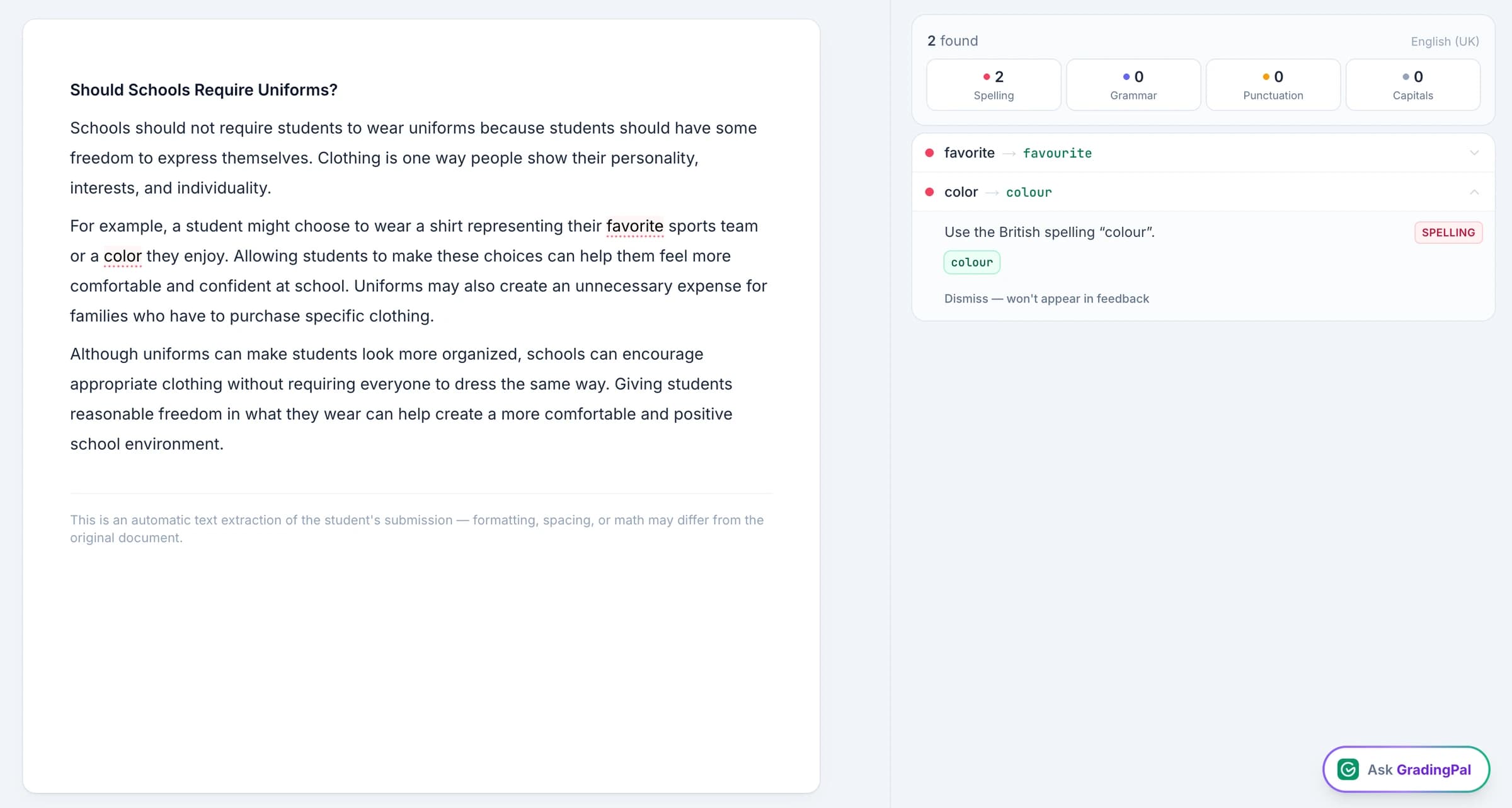 The Grammar tab open on a British essay, with American spellings underlined as slips.