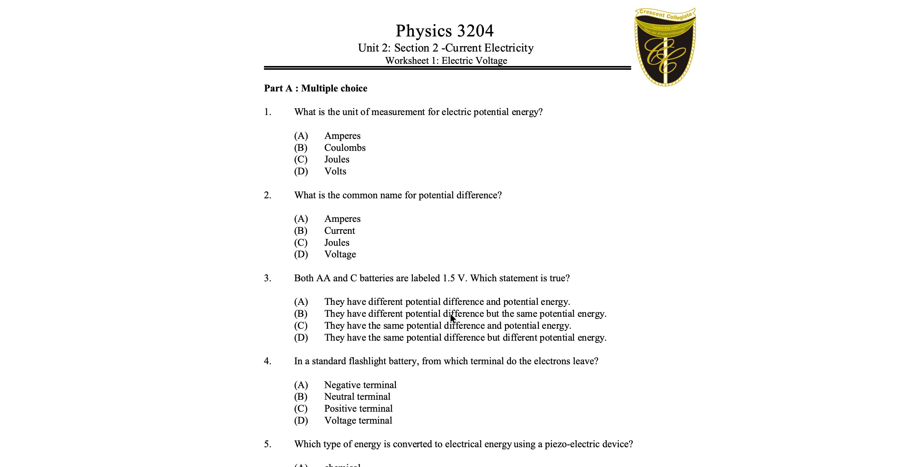 Assignment for science-electric-voltage