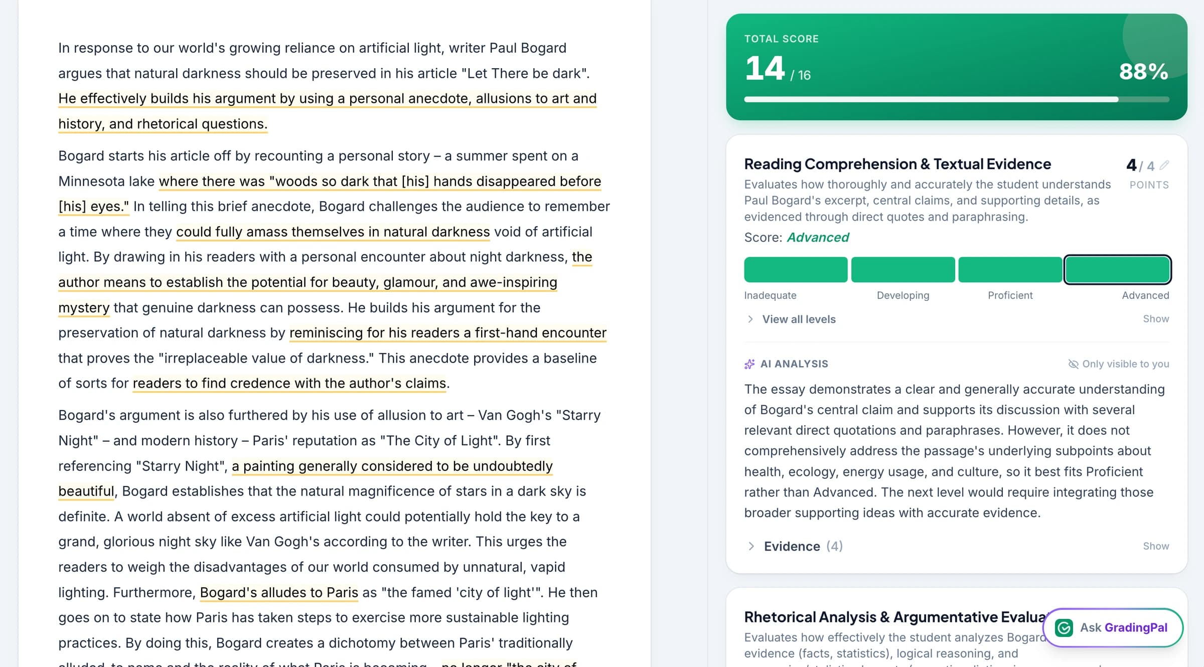 Read the student response alongside its rubric scores and scoring evidence.