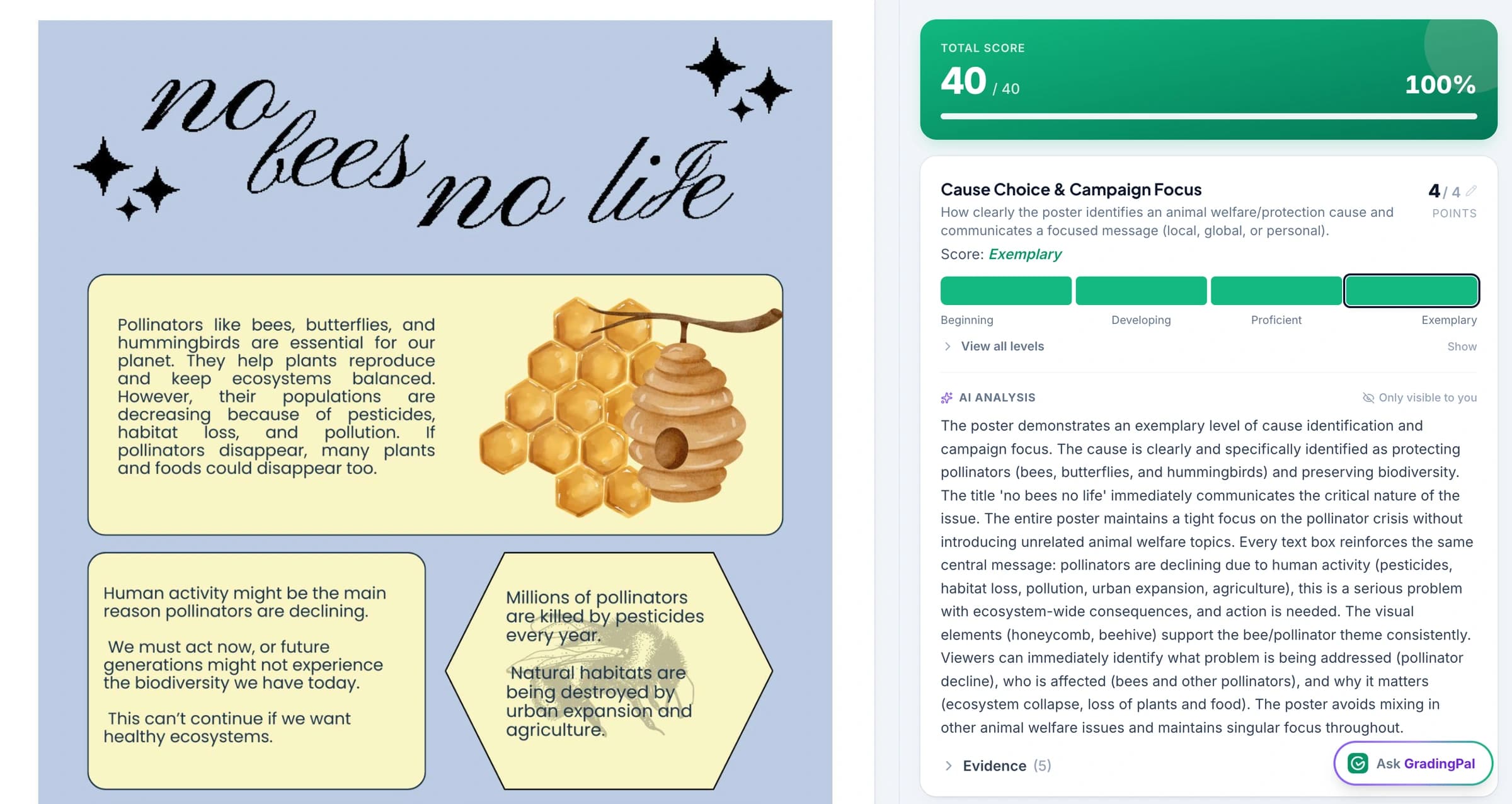 One art submission open in GradingPal, holding what an art project actually is — photographs of the piece, sketchbook pages and the student’s written reflection together.
