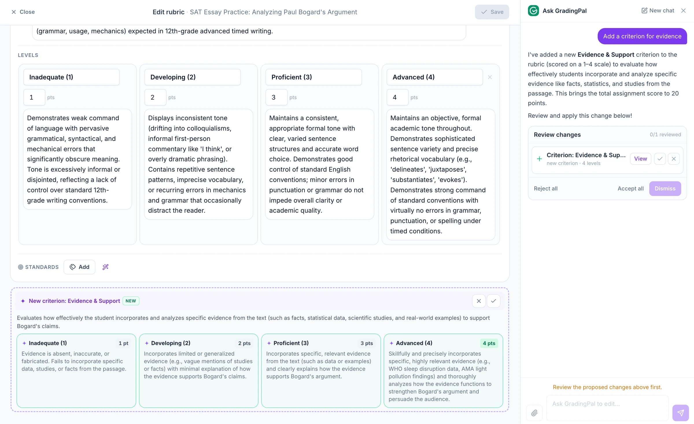 A proposed rubric change shown in GradingPal: the reworded criterion marked up in place, with a list of individual changes and accept or reject controls beside each.