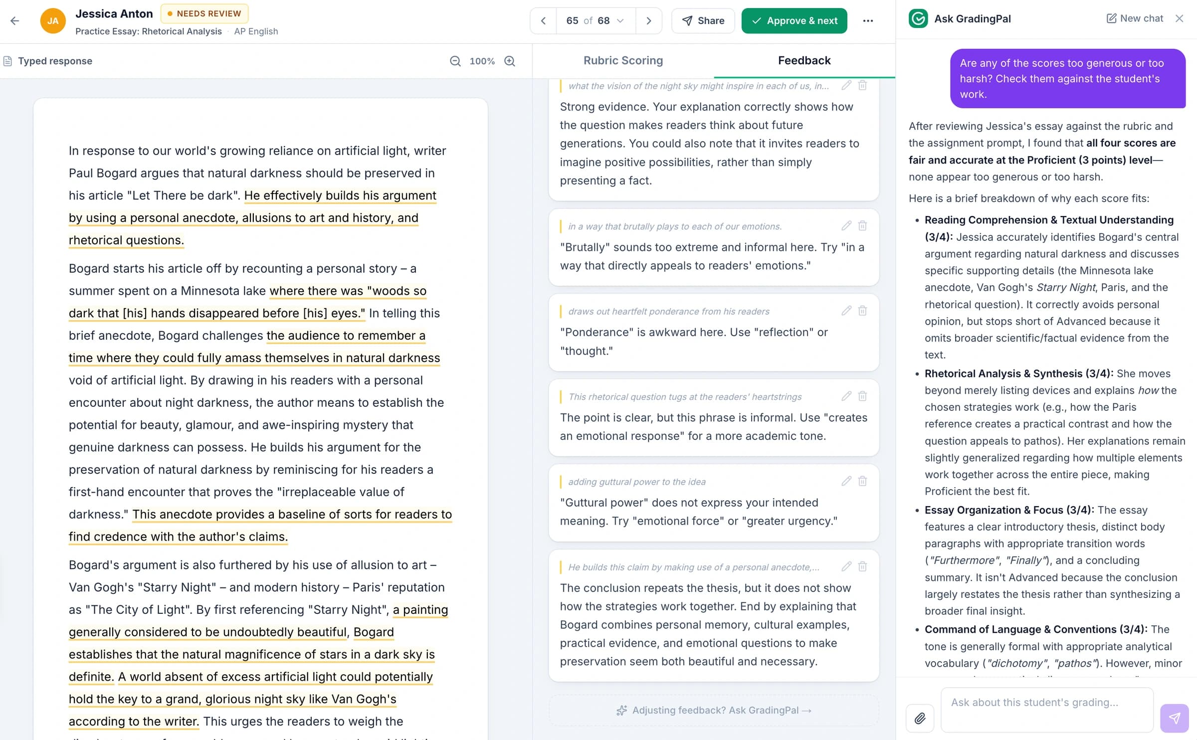 The Ask GradingPal button in the grading view, beside one student’s feedback.