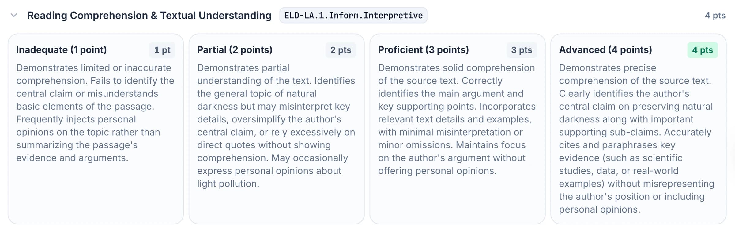 A rubric criterion with the suggested standard visible, showing the full code down to sub-standard depth.