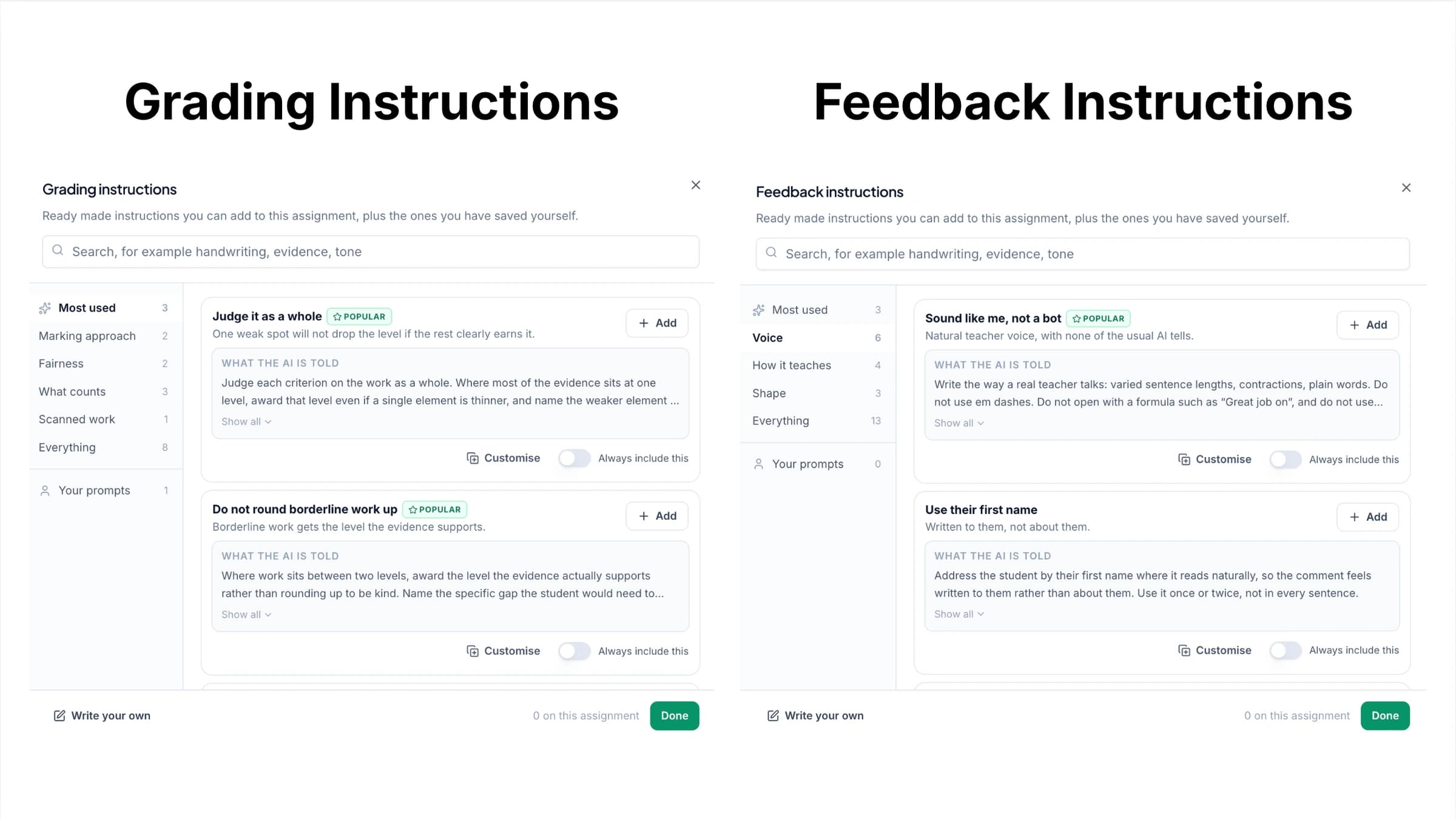 GradingPal’s two instruction lists side by side: grading rules on the left, feedback instructions on the right.