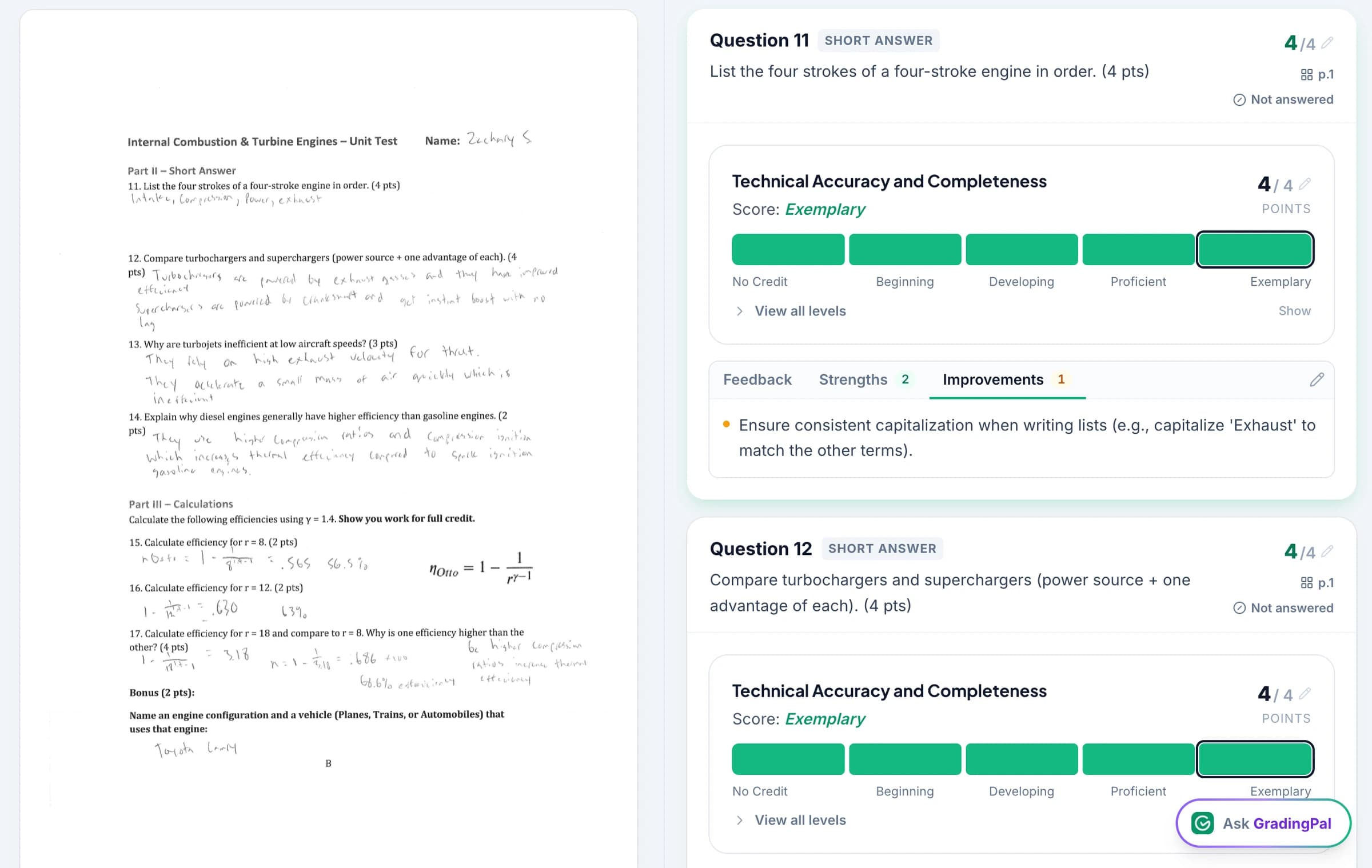 A scanned set of exam booklets in GradingPal, split into individual scripts with each one checked off against a name.