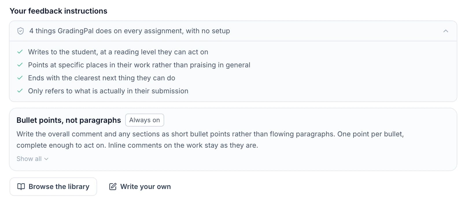 Feedback instructions in GradingPal, including a saved preference for bullet points.