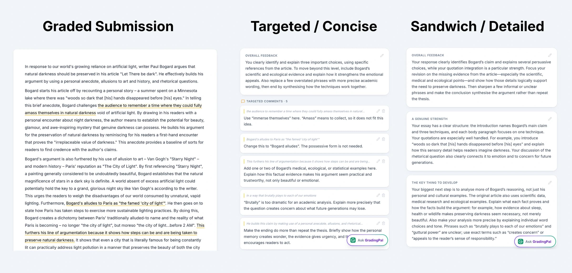 The same writing submission with Targeted / Concise and Sandwich / Detailed feedback.