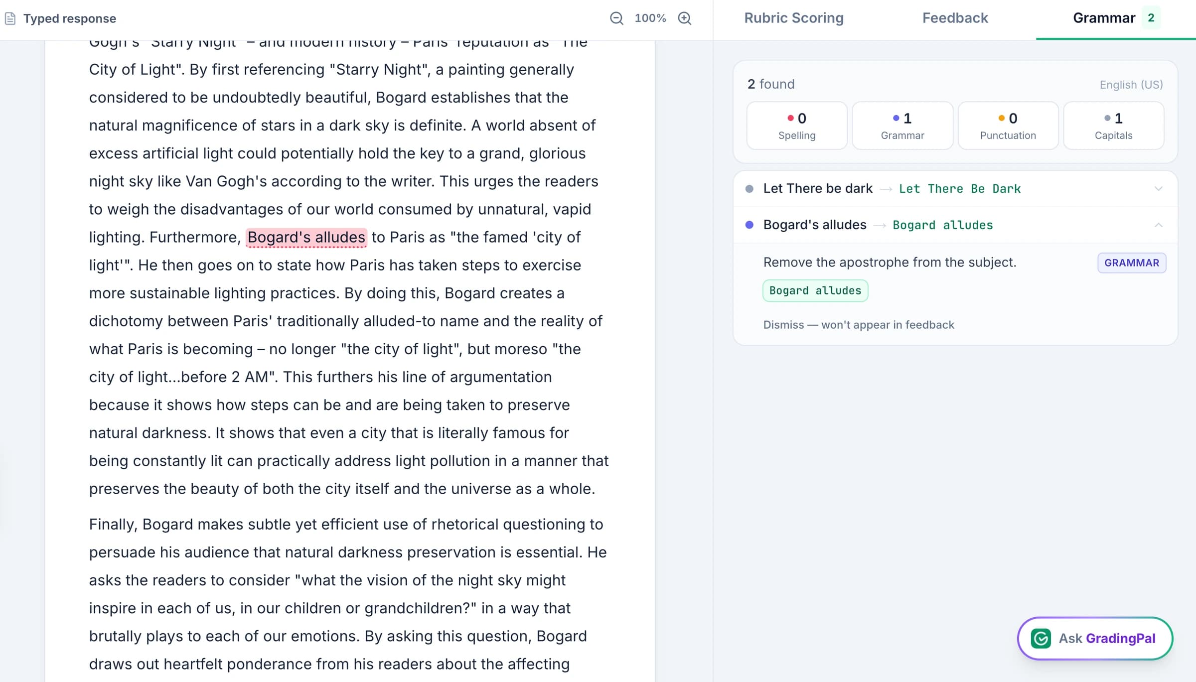 GradingPal’s Grammar tab open beside a student’s essay, with findings underlined in the text and the rubric score visible and unchanged.