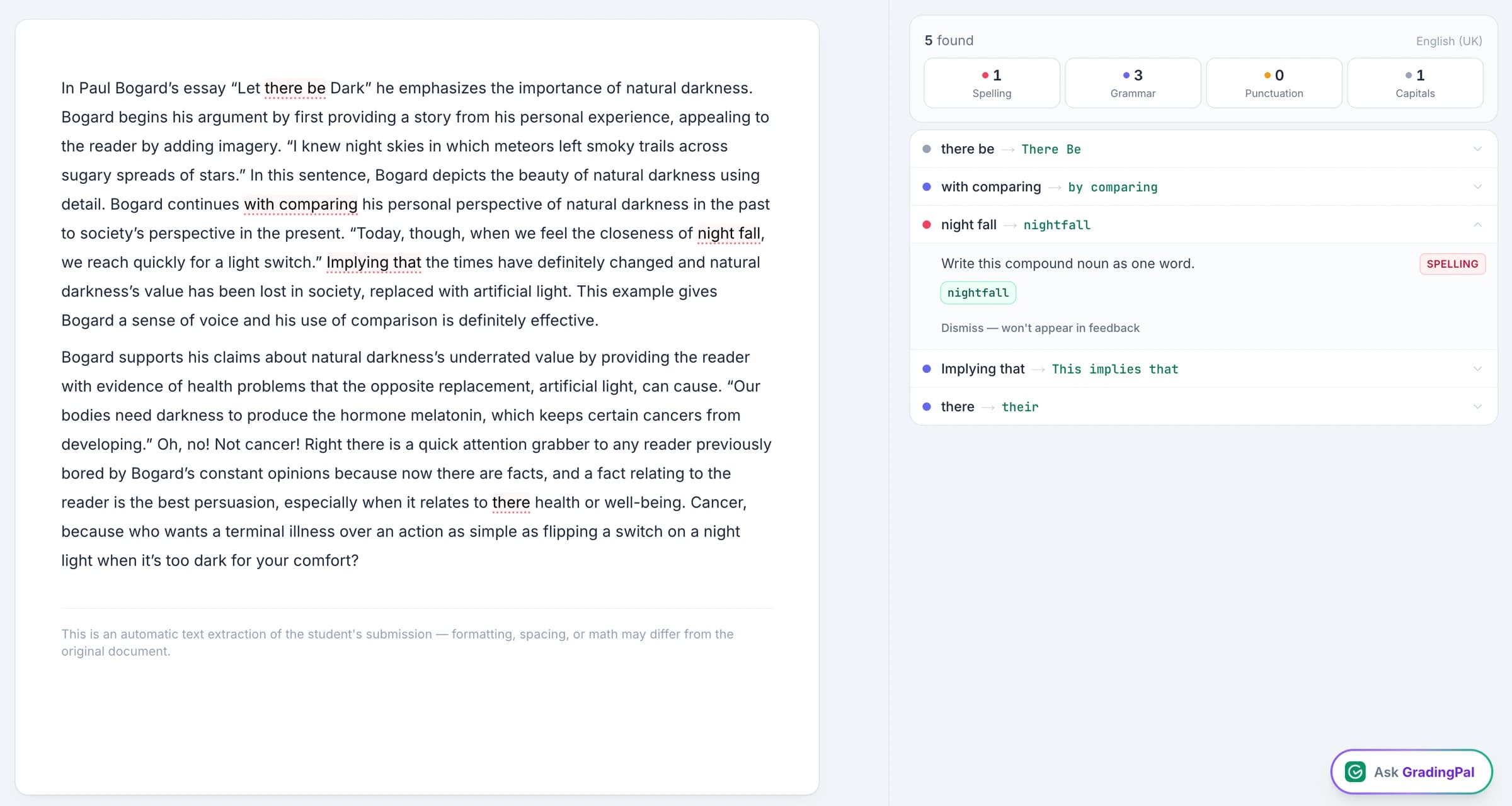 A grammar finding open in GradingPal, showing its explanation with the underline live in the student’s document.