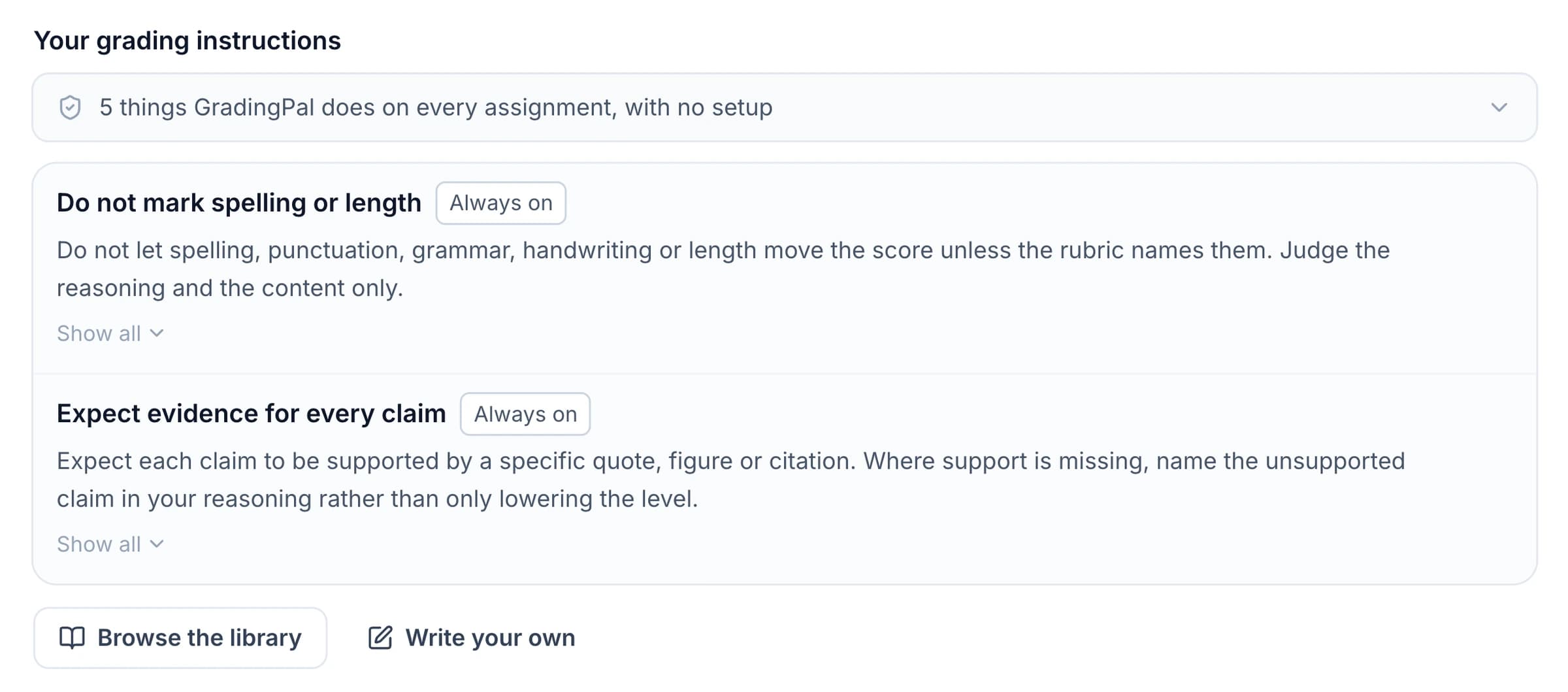 An assignment’s grading rules in GradingPal, with two saved instructions in place and one marked ‘Always on’.