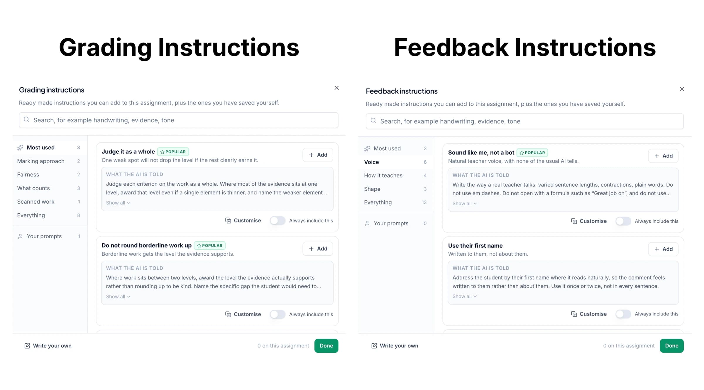 GradingPal’s two instruction lists side by side: grading rules on the left, feedback instructions on the right.