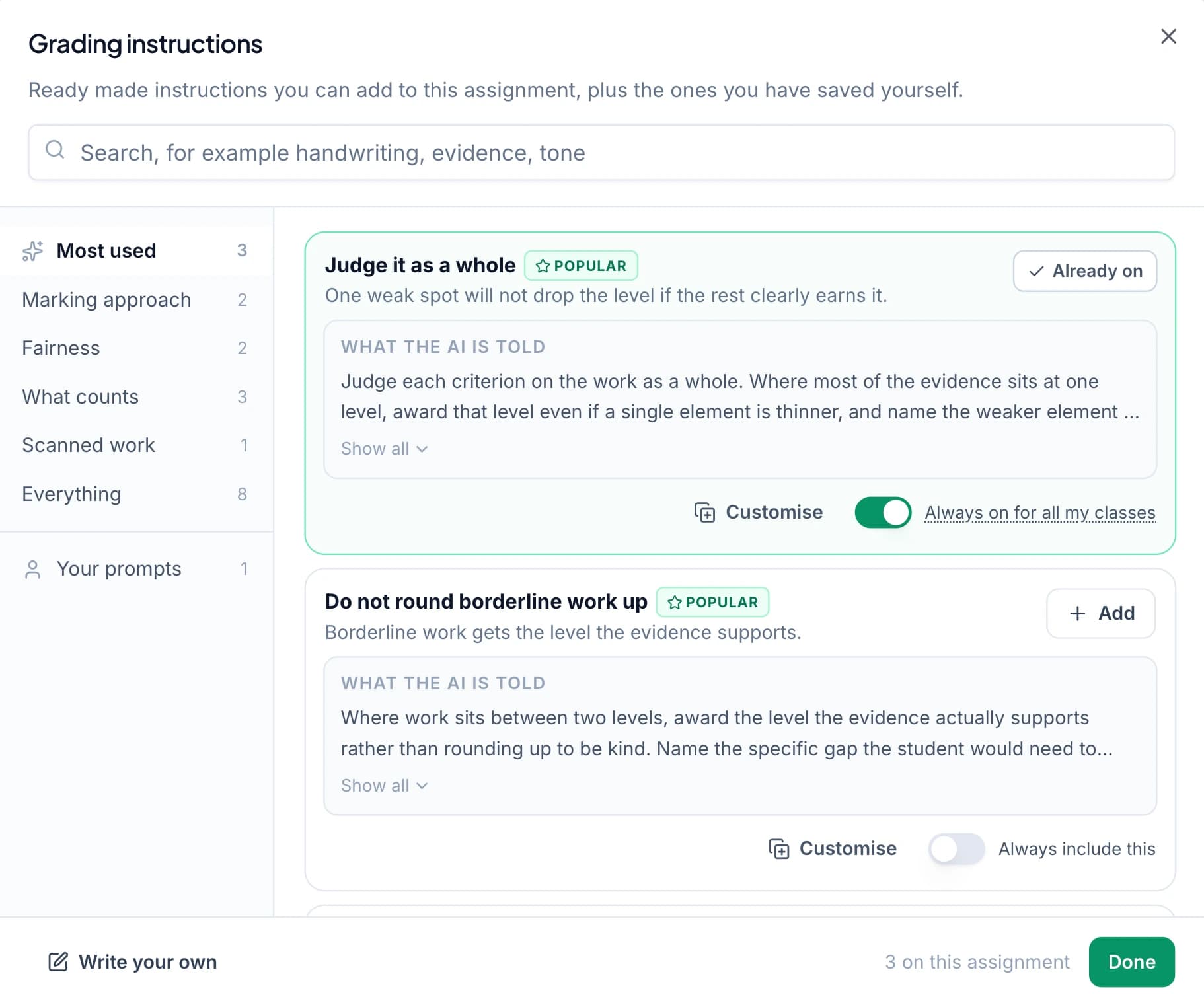 The GradingPal instruction library with a card open, showing the exact wording that will be used and a ‘Research backed’ note.
