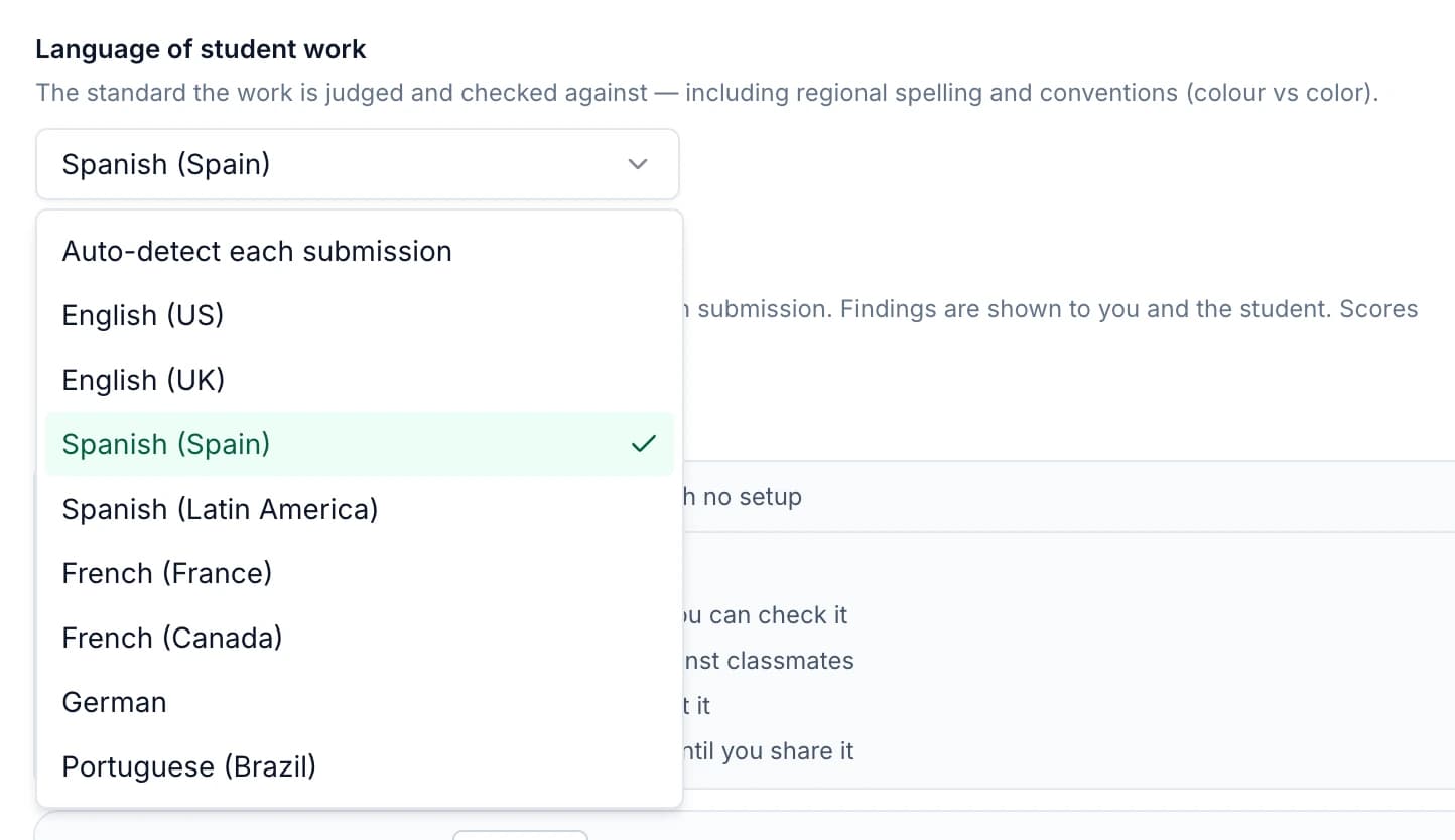 GradingPal’s two language settings on an assignment: the language of student work, and the language feedback is written in.