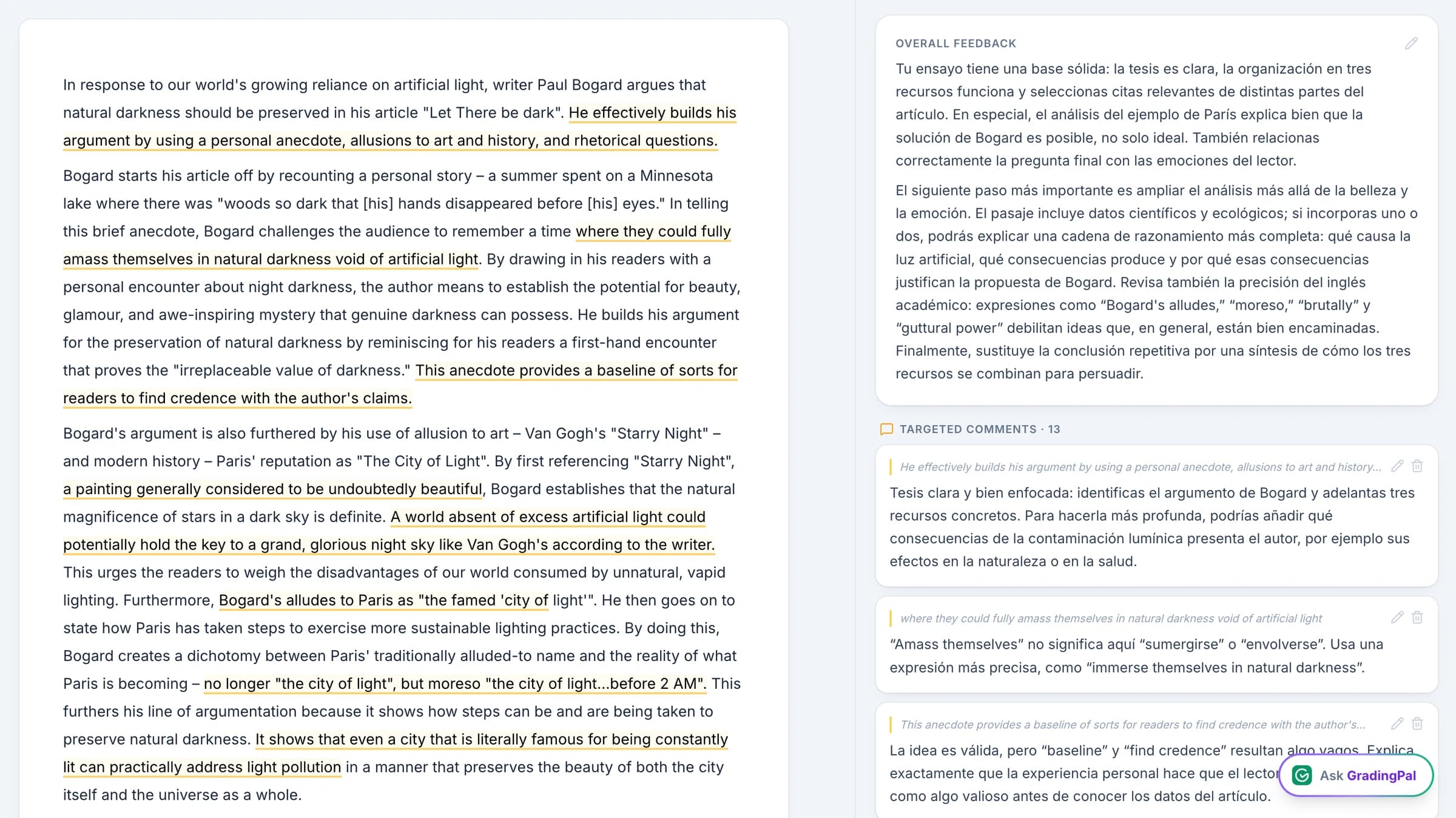 A GradingPal submission with student feedback in Spanish alongside the teacher’s scoring rationale in English.