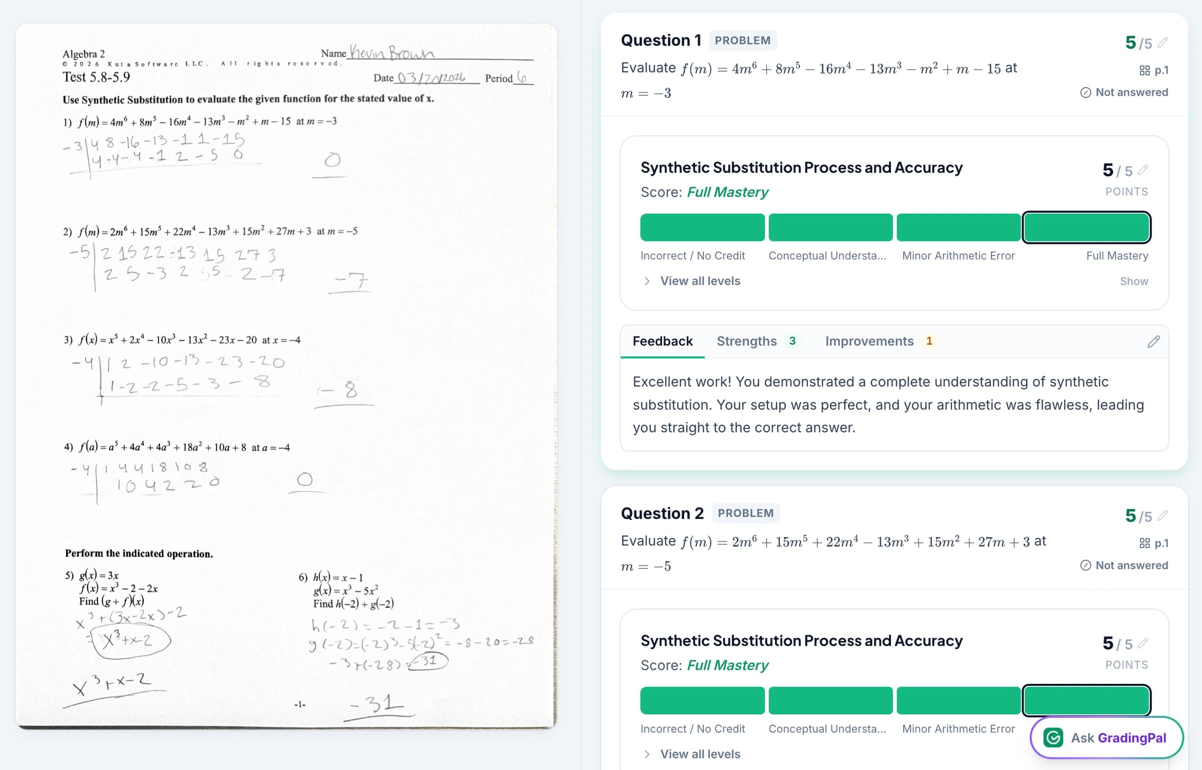 GradingPal screenshot showing handwritten algebra working beside rubric scores and feedback.