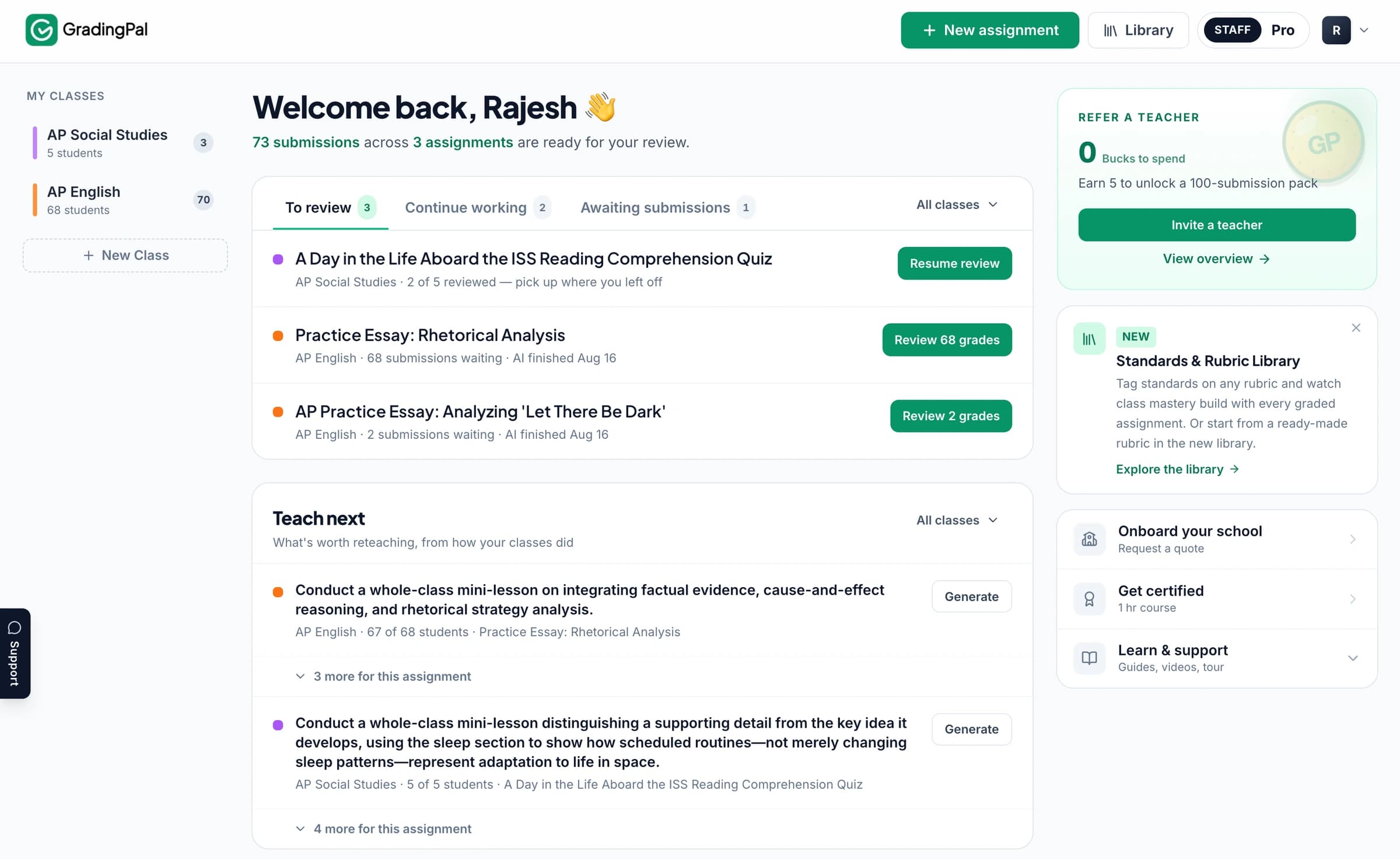 The redesigned GradingPal home page, showing the count of items needing review and the class rail.
