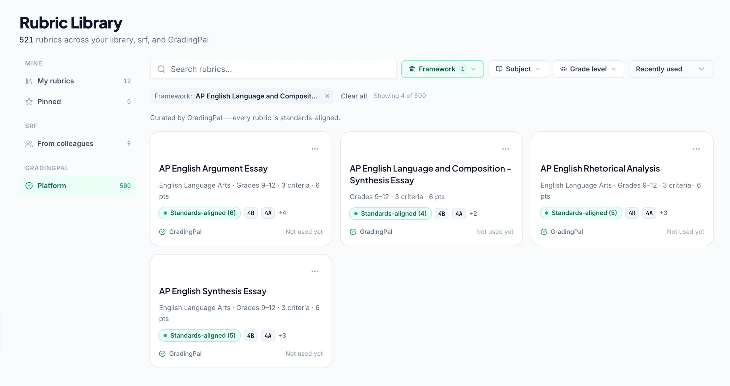 The GradingPal rubric library showing three shelves with a grade-level filter applied.