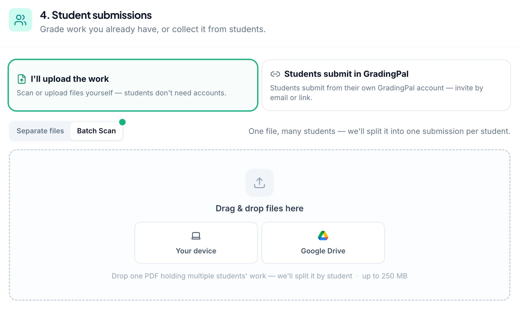 The GradingPal batch scan page board, with scanned pages grouped by student and one match marked Verify.
