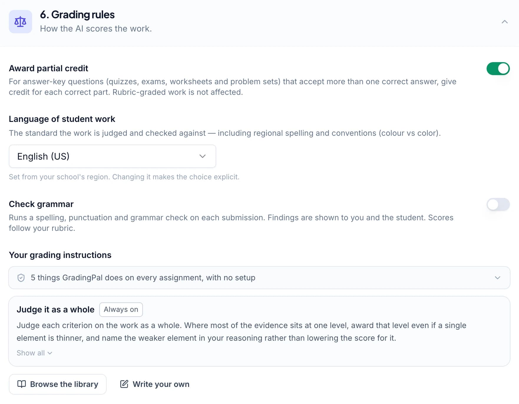 An assignment’s grading rules and feedback settings in GradingPal, with one instruction marked ‘Always on’.