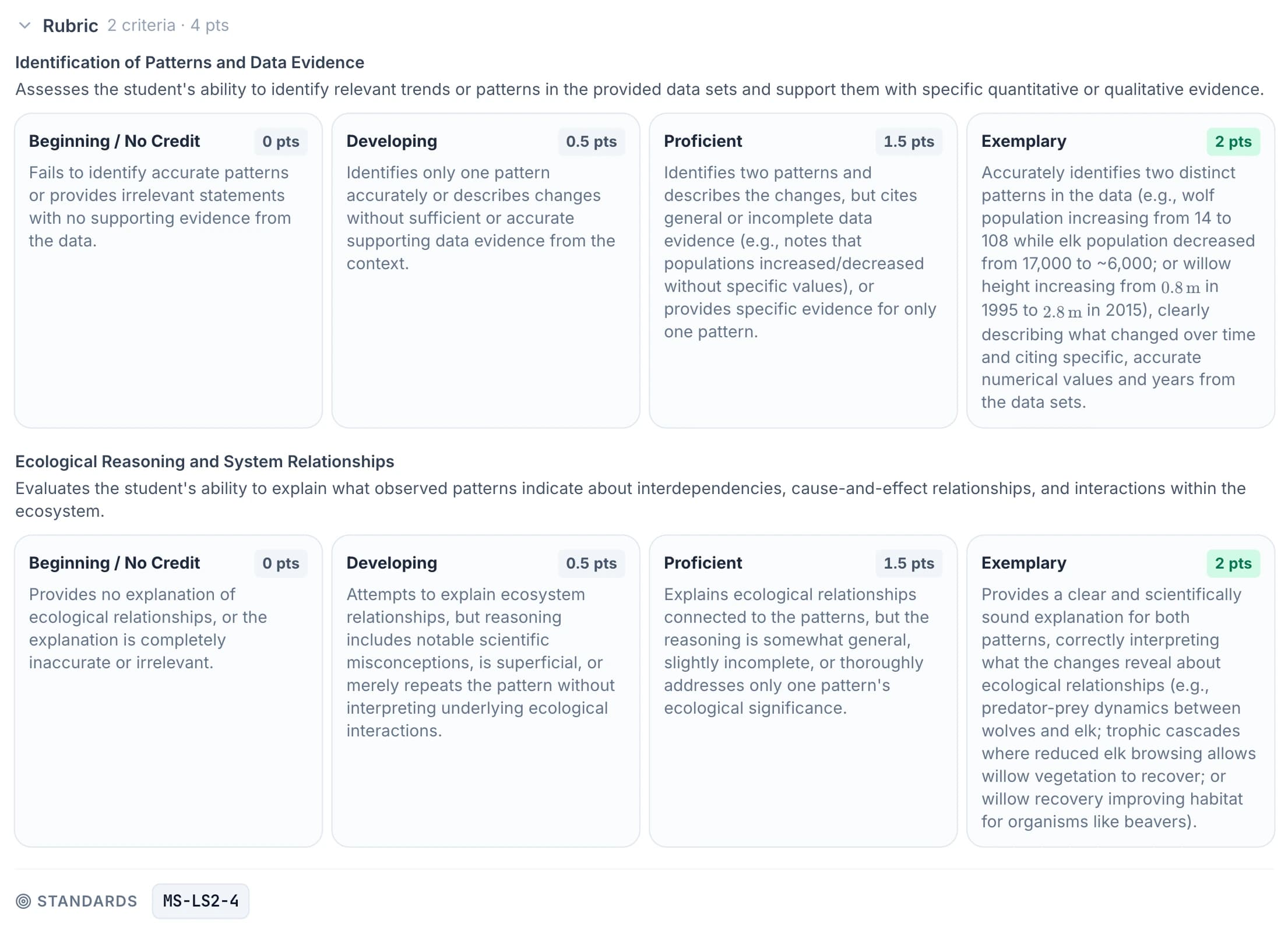 Three rubric criteria on one rubric, each tagged to a different dimension of the same performance expectation.