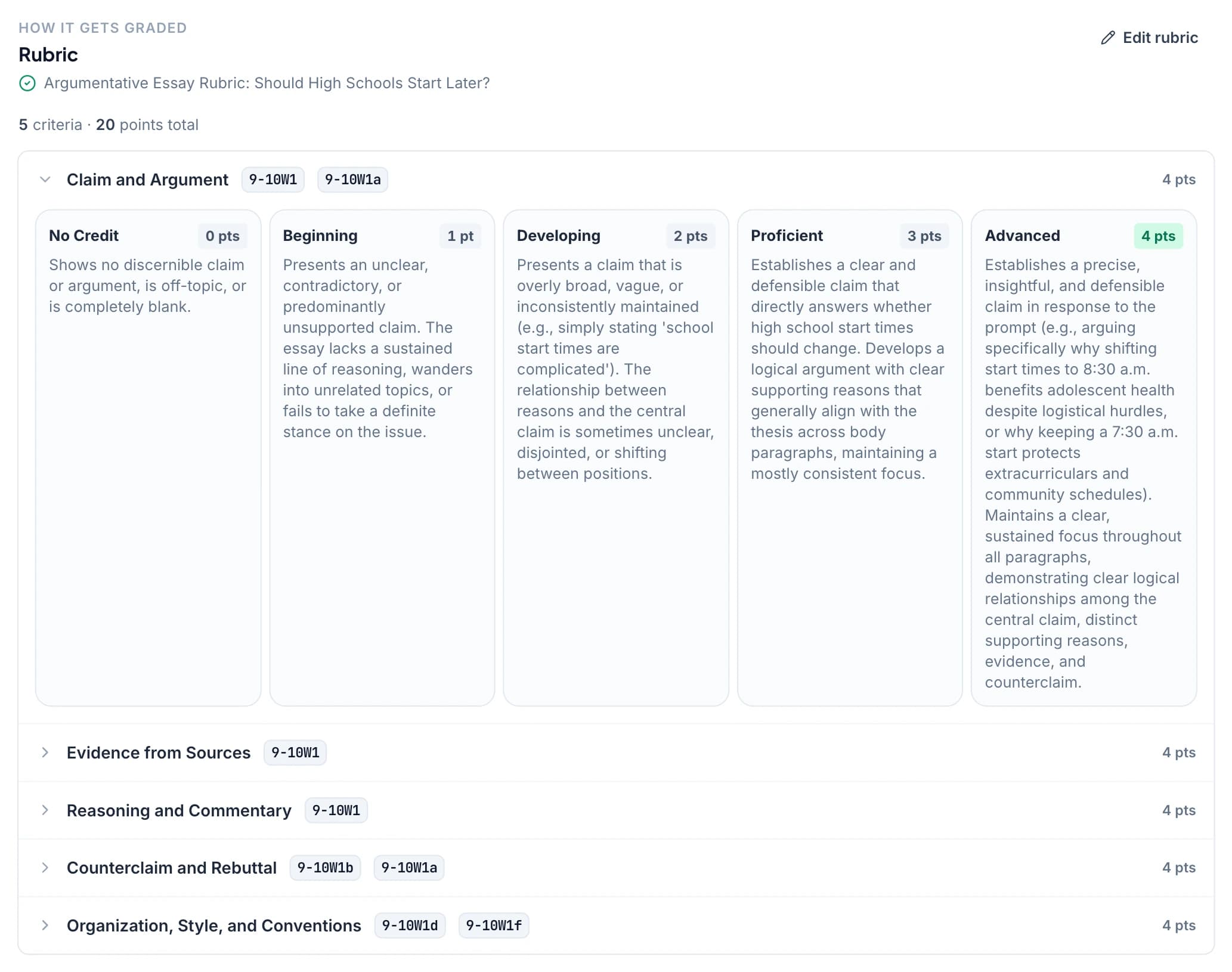 A rubric for a source-based argument essay with its NGLS tags visible.