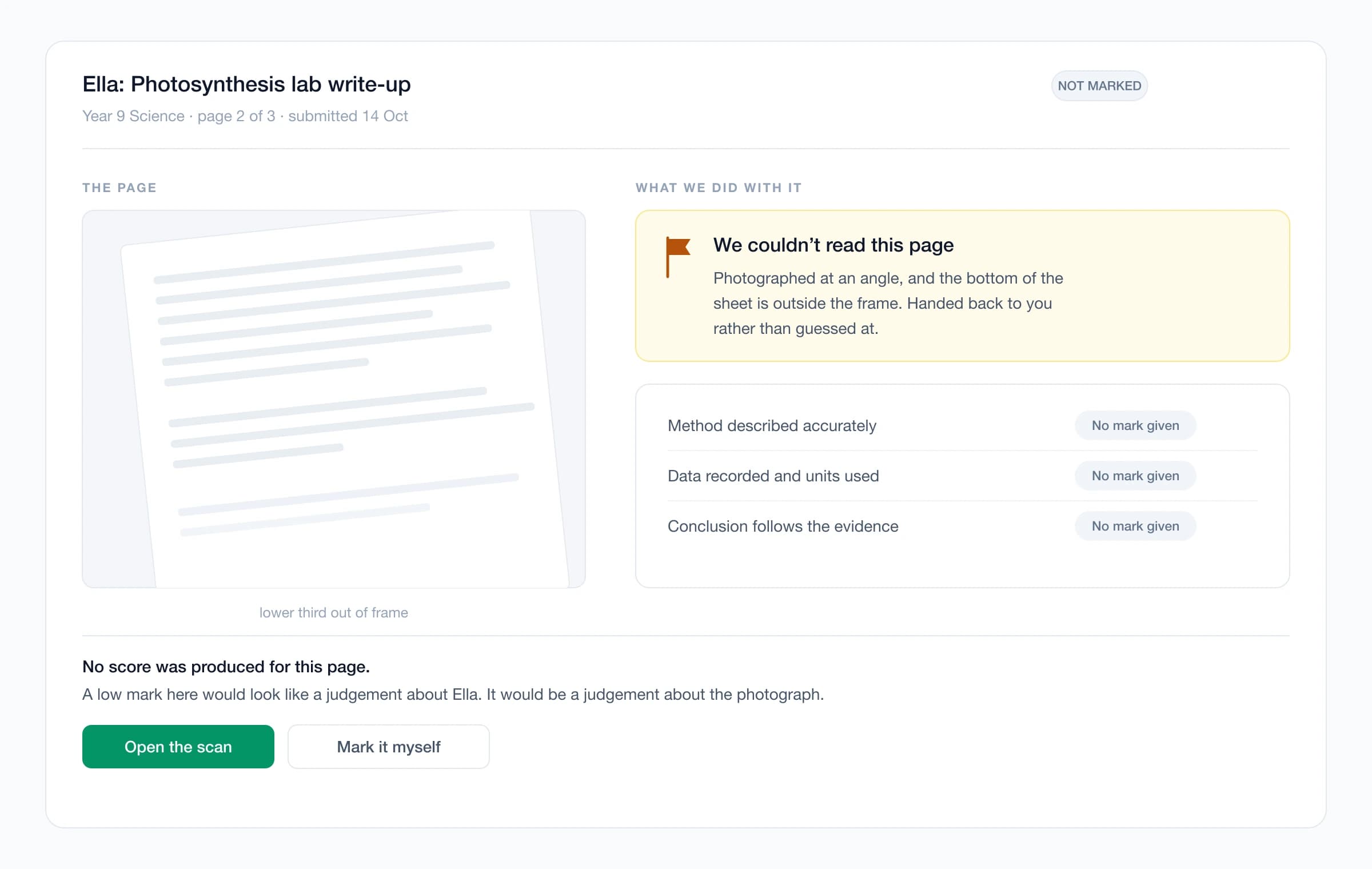 A page flagged as unreadable and handed back — the flag itself, not a low mark.