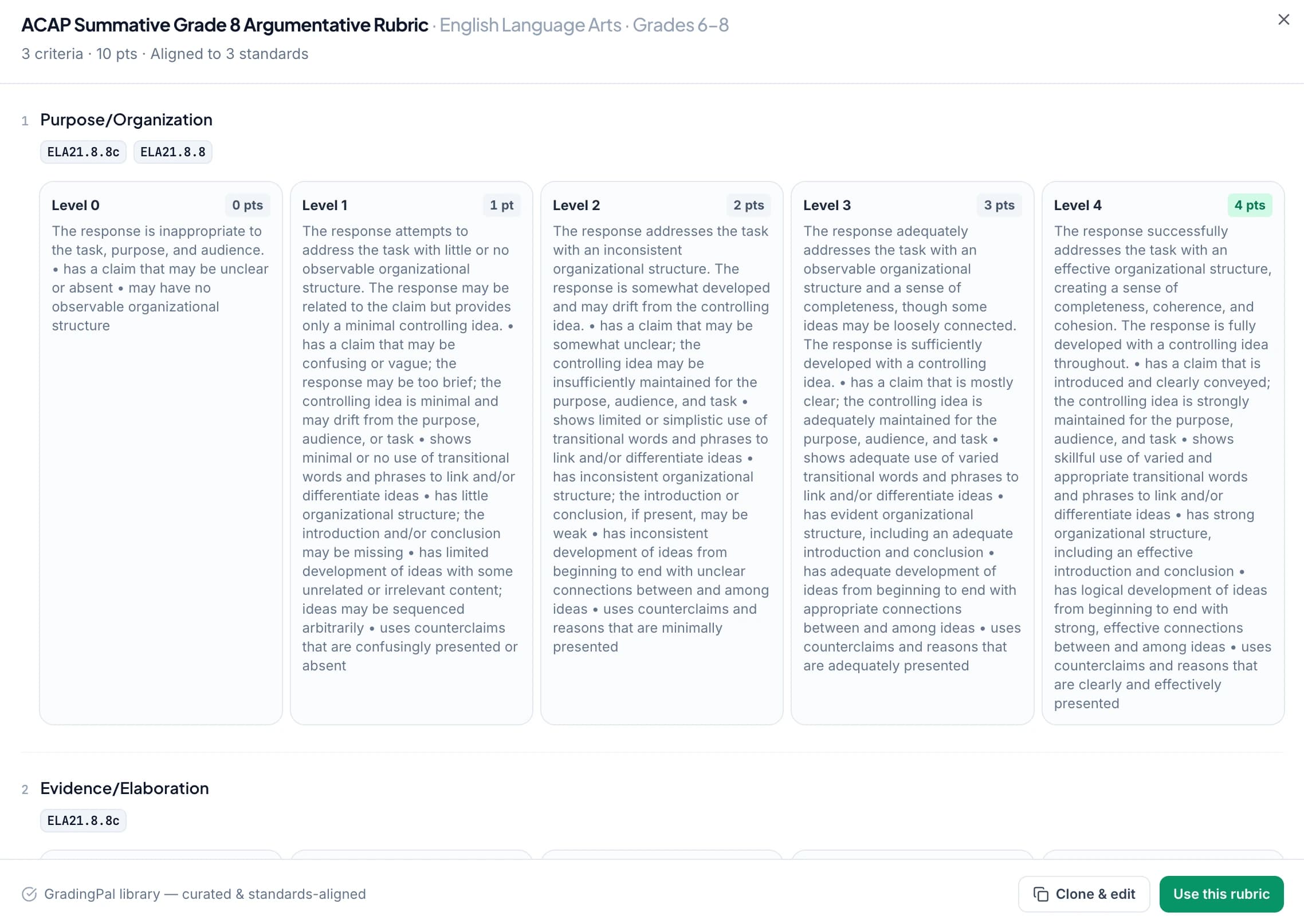 A rubric open in full preview in GradingPal, showing every criterion, level and point value before it is used.